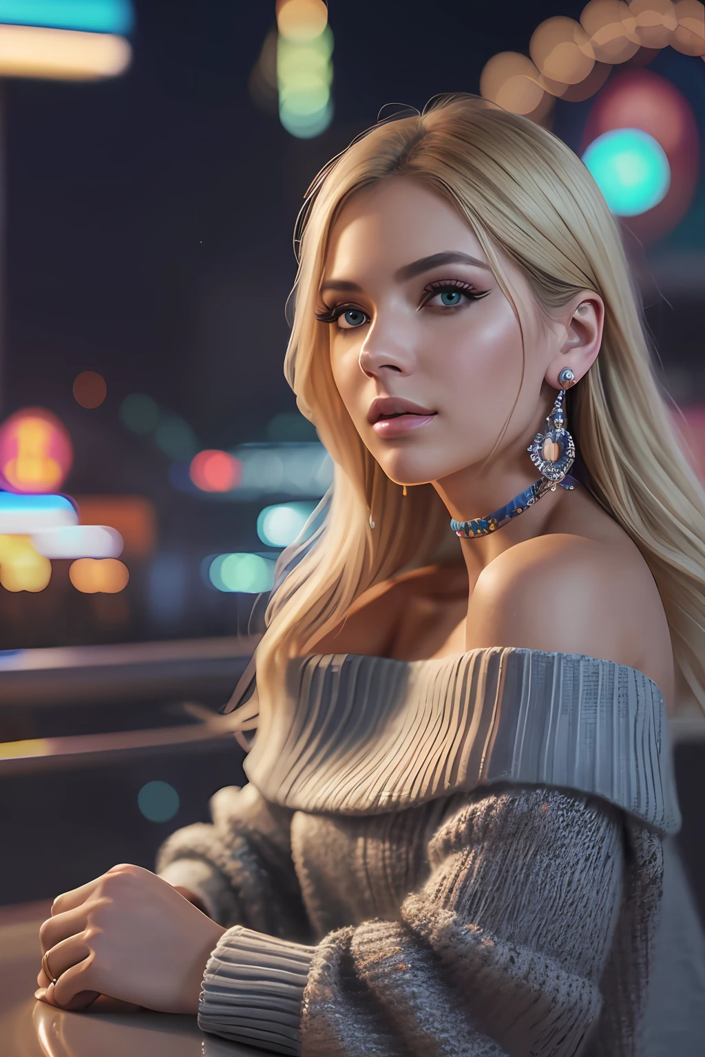 ((Selfie:1.1)), (raw:1.1) photo of (blonde Maj1j3j01-1200:0.99), a woman as a model, modelshoot style, (extremely detailed CG unity 8k wallpaper), photo of the most beautiful artwork in the world, professional majestic oil painting by Ed Blinkey, Atey Ghailan, Studio Ghibli, by Jeremy Mann, Greg Manchess, Antonio Moro, trending on ArtStation, trending on CGSociety, Intricate, High Detail, Sharp focus, dramatic, photorealistic painting art by midjourney and greg rutkowski, (at night:1.2), (dimly lit), (neon lights:1.2), (carnival:1.1), (makeup:1.1), ((roller-coaster in background)), ((off the shoulder sweater:1.2)), (looking at viewer:1.3), (detailed pupils:1.3), (modern outfit:1.2), (club makeup:1.2), (close up:1.3), (earrings).