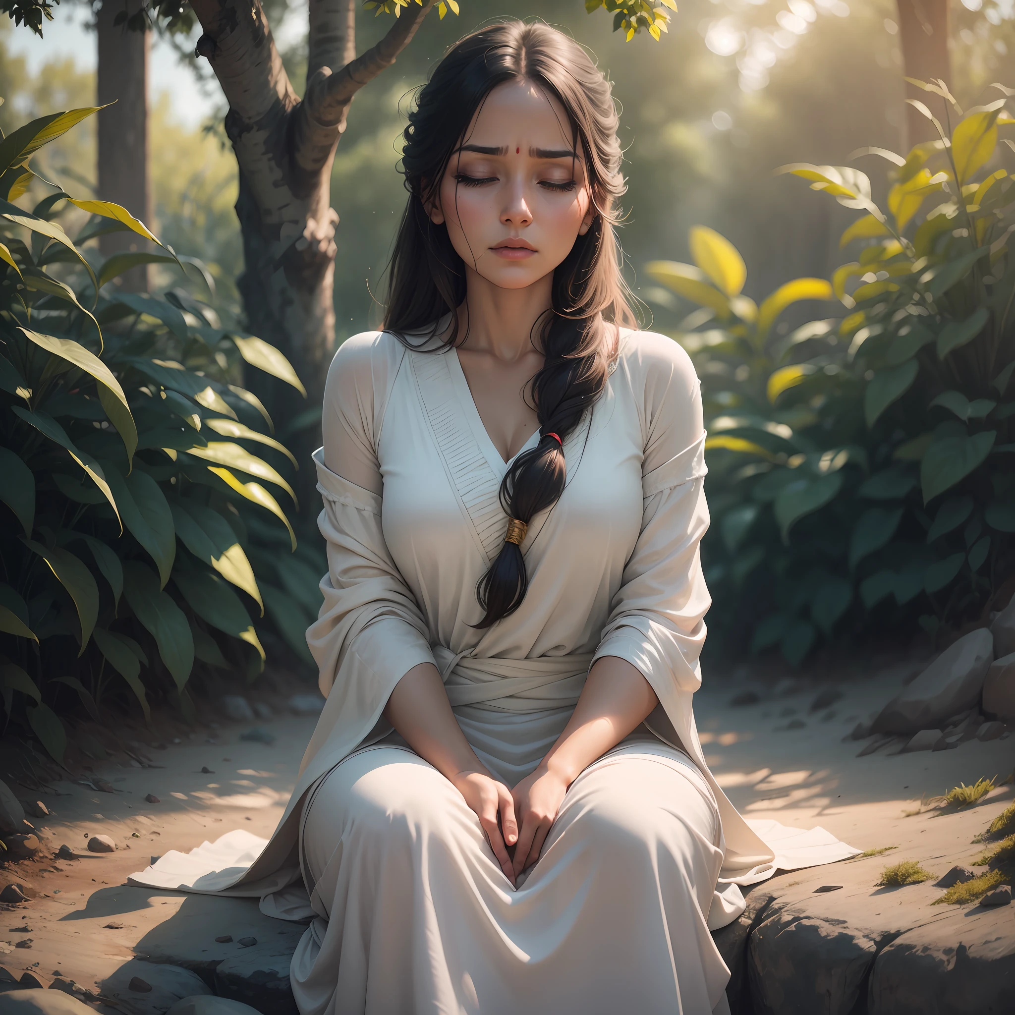 photography of beautiful woman meditating, expressing emotional resilience, looking at the audience, light makeup, realism, realistic photos, professional color correction, 8K, F2.4 aperture, 35mm lens, realistic real face, --auto --s2