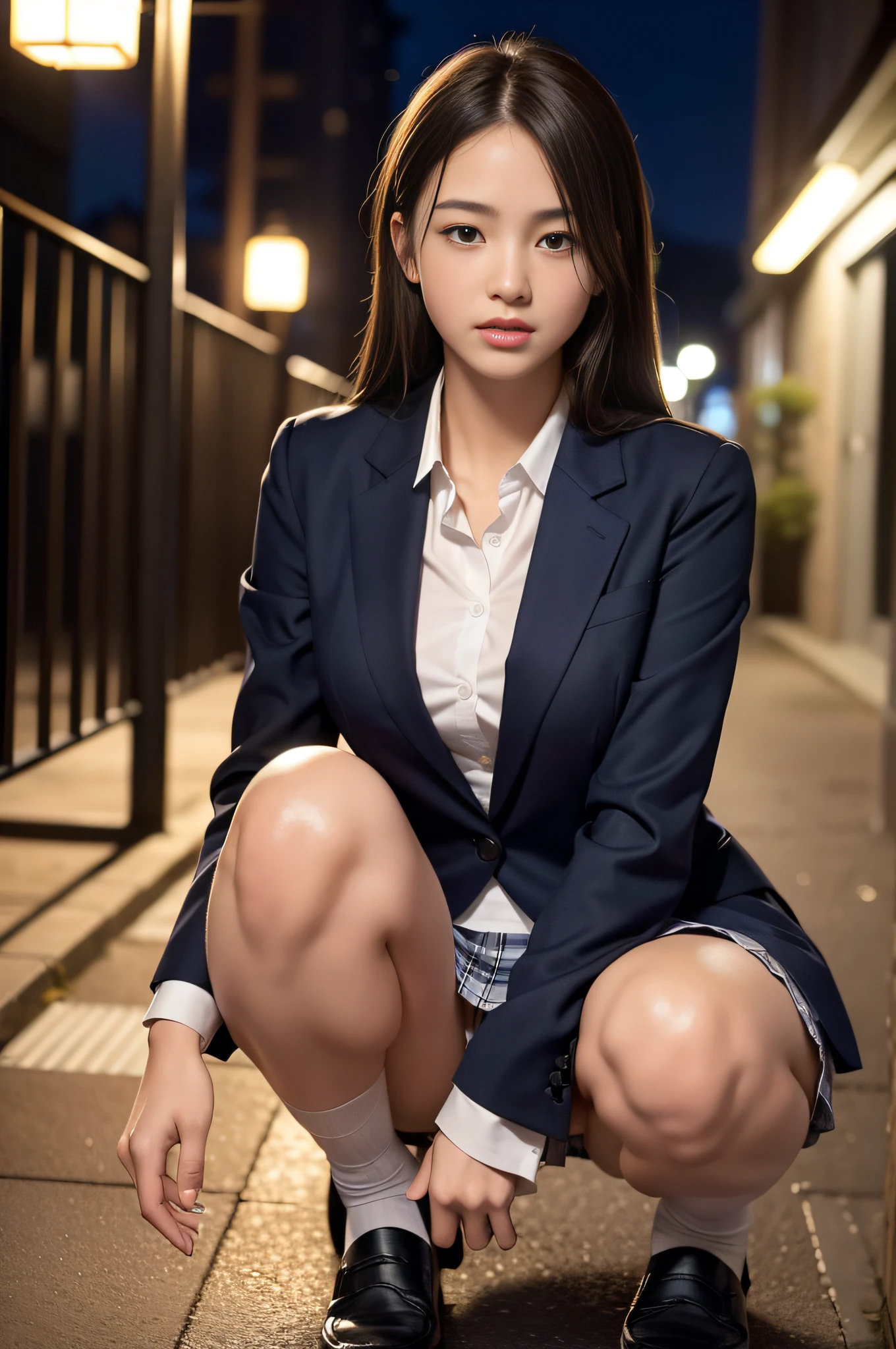 (8k, RAW photo, best quality, masterpiece: 1.2, realistic, photorealistic, high contrast, photon mapping, photonography, photorealistic, ultra-detailed, professional lighting, low angle: 1.2), (1 girl), (solo: 1.5), (full-body), (height is 165 cm), (18-year-old schoolgirl), (Shinjuku at night of Japan), (sidewalk), (Japan high school uniform), (dark blue blazer: 1.2) , (Short plaid skirt: 1.2), (White shirt for students), (squatting looking at the front), (Crotch open: 1.2), (Light brown medium hair), (See-through wet white panties: 2.0), (Camel toe), (Black loafers: 1.2), (Beauty face: 1.2), (Perfect proportions: 1.2), (Long legs: 1.2), (Small breasts: 1.3), (panties visible from under the skirt: 1.5), (detailed female pubic shape is clearly visible: 1.4), (pubic hair is present: 1.4), (without panties: 1.2), (textured skin),