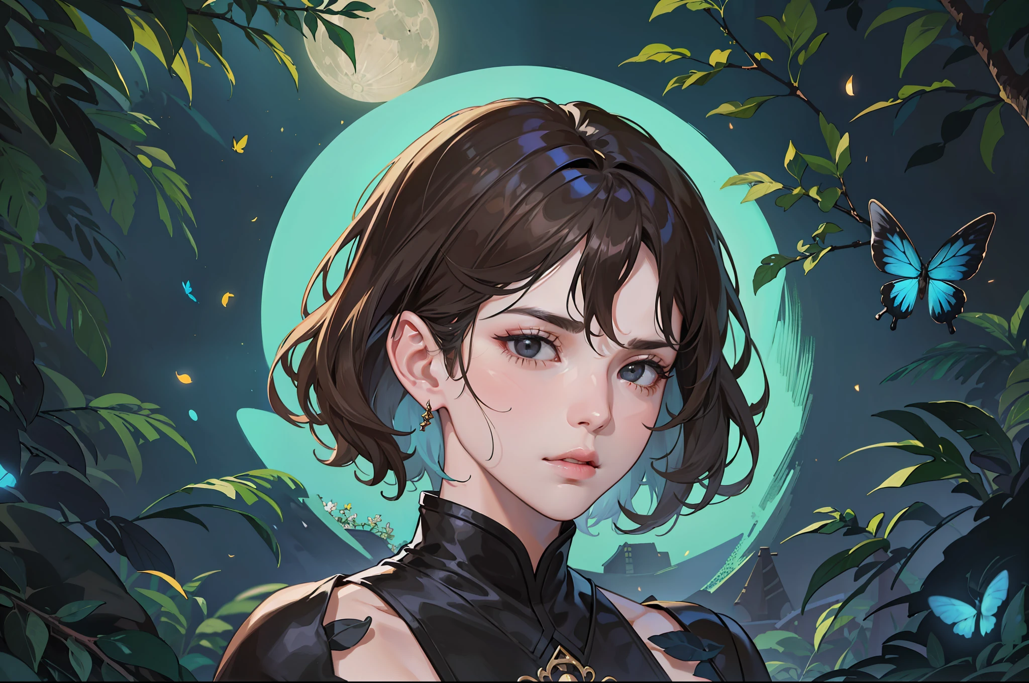 ((Superior quality, portraits, masterpieces, 8K: 1.3 wallpapers)), girl with short wavy brown hair (((SHORT HAIR))), obsidian-like black eyes (((BLACK EYES))), (((ANNOYING, SERIOUS LOOK))) sitting on a branch of a mueto tree, bioluminescent blue butterflies, dark hour, perfect shadows and reflections of the moon on the scene. black dress covered, dark clothes of MOURNING, CLOTHES COVERING THEIR SKIN, TUNIC.