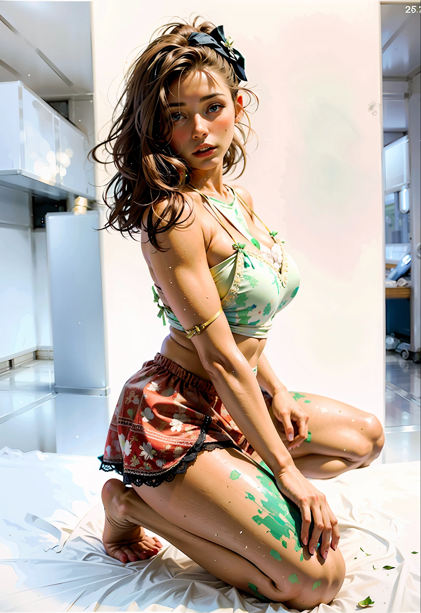a hyper-realistic portrait of a young woman, half asleep, under a tree, inside a forest, in the middle of nature, 22 years old, realistic, (lying on her side), she is wearing a red panties, (wearing minimal dress), sexy, (huge breasts 2:1), short brown hair, (hair tied with bows), curved, SFW
