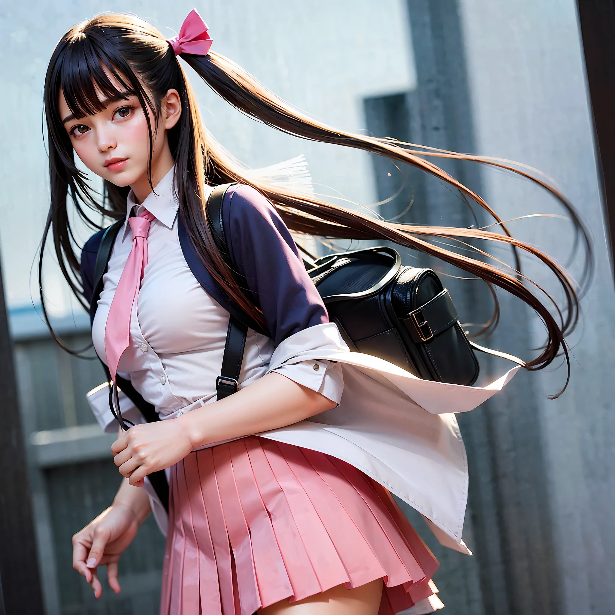 masterpiece, best picture quality, high quality, beautiful girl, Japanese, Japanese school girl, popular Korean makeup, detailed, swollen eyes, detailed eyes, detailed skin, beautiful skin, ultra high resolution, (reality: 1.4), very beautiful, slightly younger face, beautiful skin, slender, (ultra realistic), (illustration), (high resolution), (8K), (Highly Detailed), (Best Illustration), (Beautifully Detailed Eyes), (Super Detailed), (Wallpaper), (Detailed Face), Looking at viewer, fine details, detailed face, pureerosfaceace_v1, smiling, 46 point diagonal bangs short, facing straight ahead, school girl uniform, ribbon shaped pink tie black hair, long hair, hairstyle in twin tails, catsuit and green ribbon, young girl, facing straight ahead, angle from waist up, realistic photo, bright lighting, professional lighting, young girl, large pink backpack on her back,