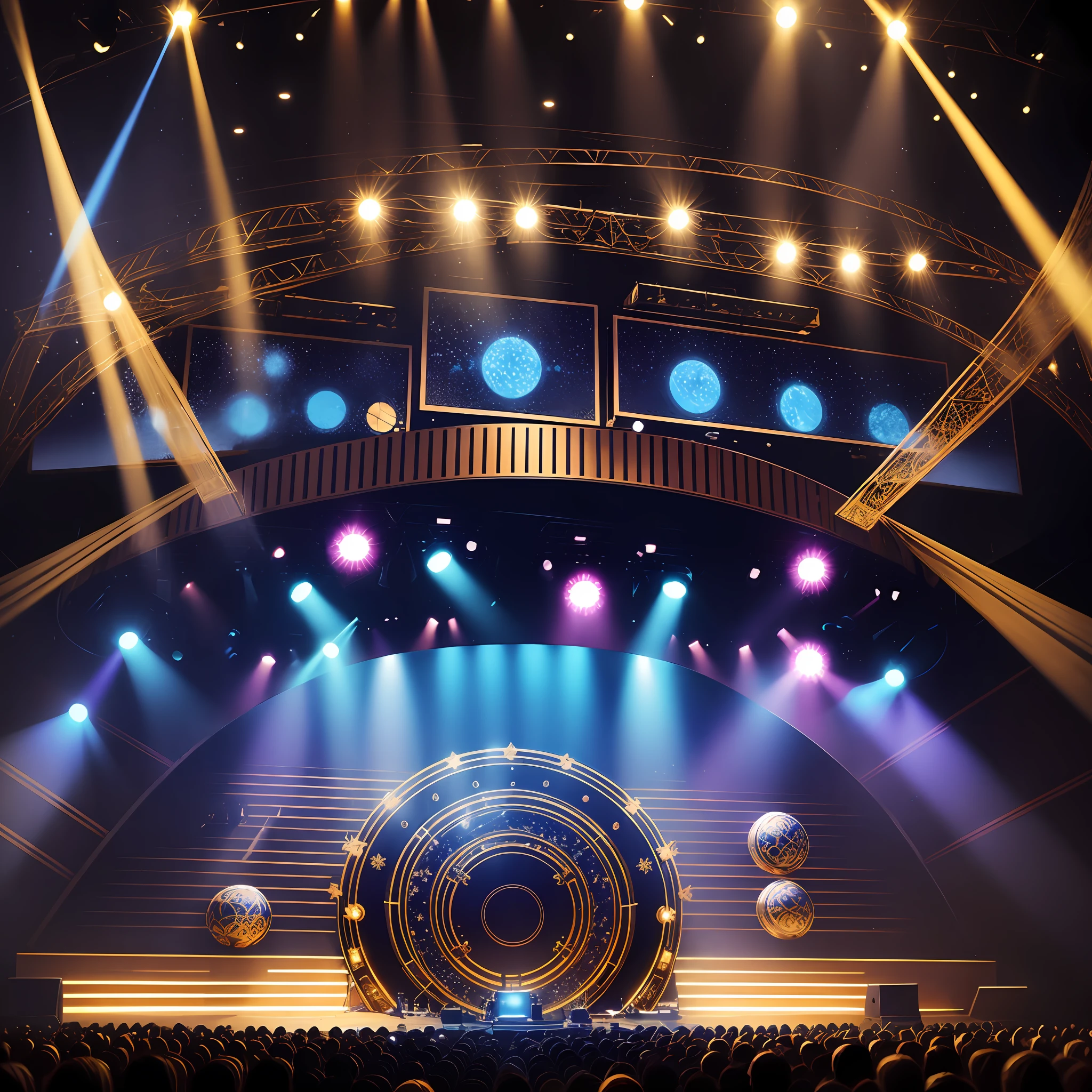 a stage image for music show with blue lights some round golden decorations absolutely mesmerizing bringing a mood of peace and joy to the environment --auto --s2