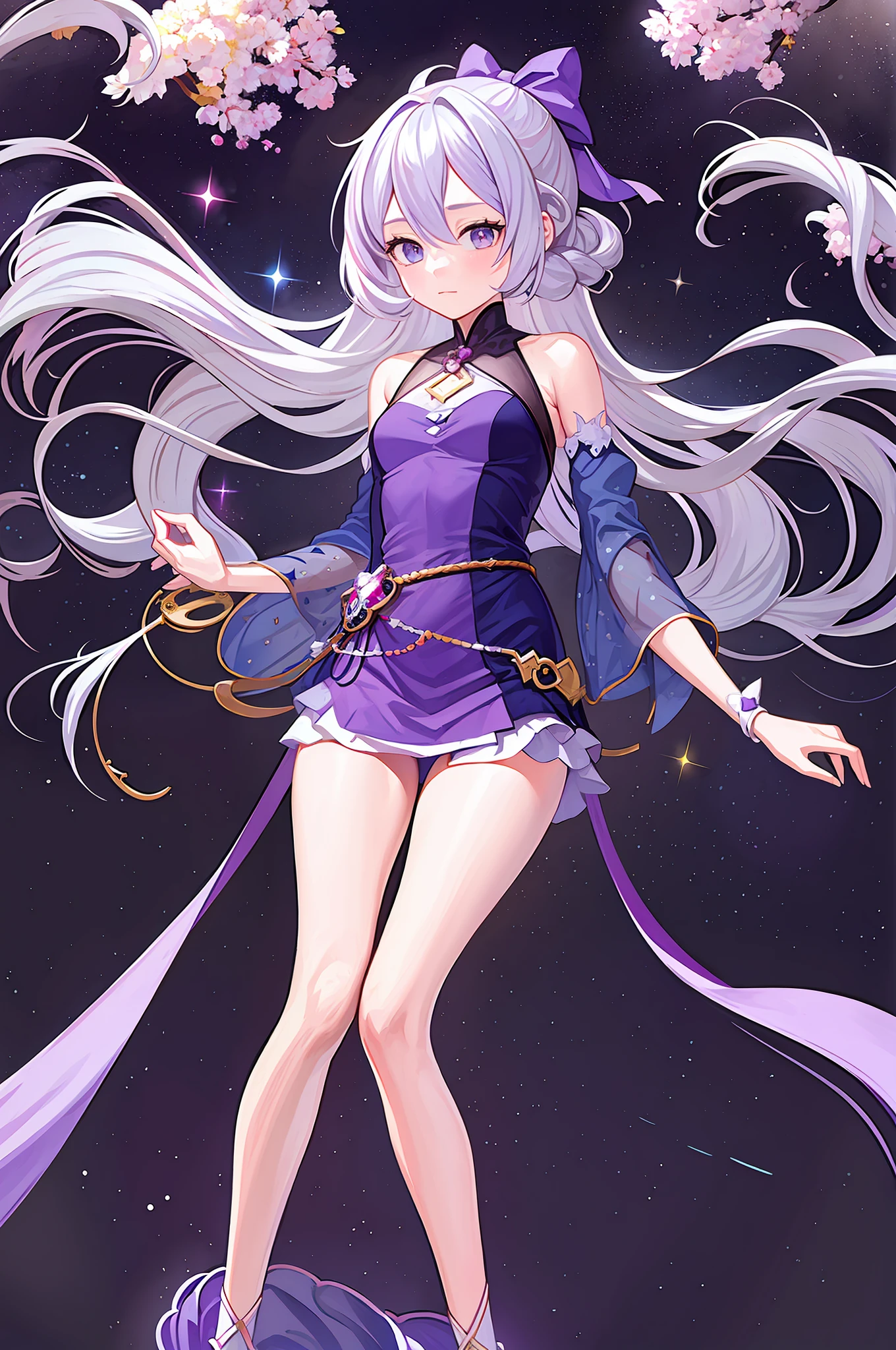 1 girl with a bow on a white leg ring, anime - woman in purple dress, anime manga by Kamagurka, pixiv, rococo, white-haired god, rem rezero, official artwork, detailed key anime art, beautiful anime artwork, detailed anime art, high detail official artwork, beautiful anime art, detailed digital anime art, best anime 4k konahan wallpaper, long hair, curly hair, princess council dress, galaxy, seven-headed body, White leg ring, finger detail, anime wallpaper, purple starry sky background behind, small breasts, clear focus, depth of field,