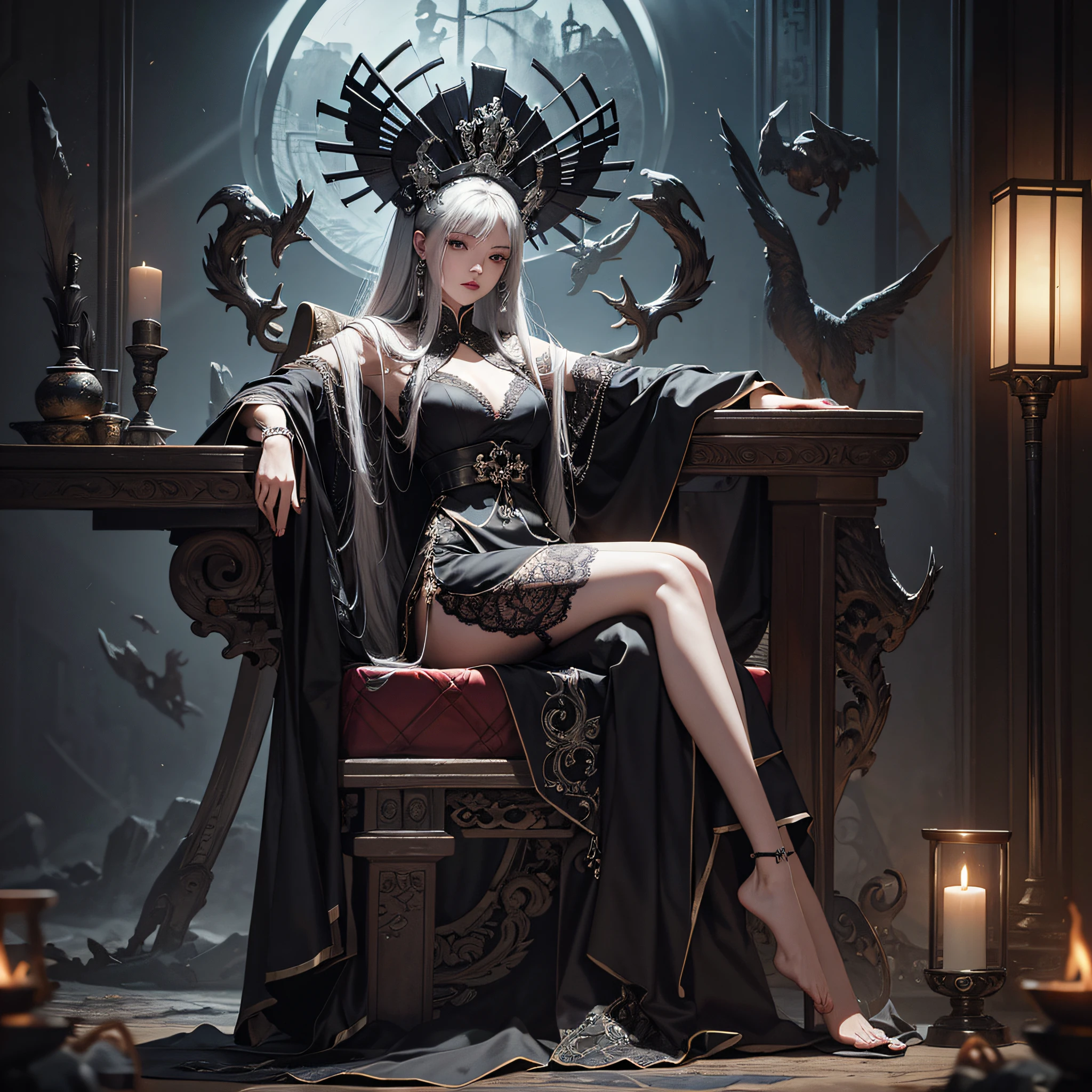 Official Art, Unity 8k wallpaper, super detailed, beautiful, beautiful, masterpiece, best quality, detailed texture,
darkness, epic, atmospheric, mysterious, taboo, creepy, art, ancient china, decoration, intricate, magnificent, kingly pose, silverwork, lace, supernatural,
1 girl, soloist, sitting with her legs up, black stockings, elegant manners, conservative dress, full body composition