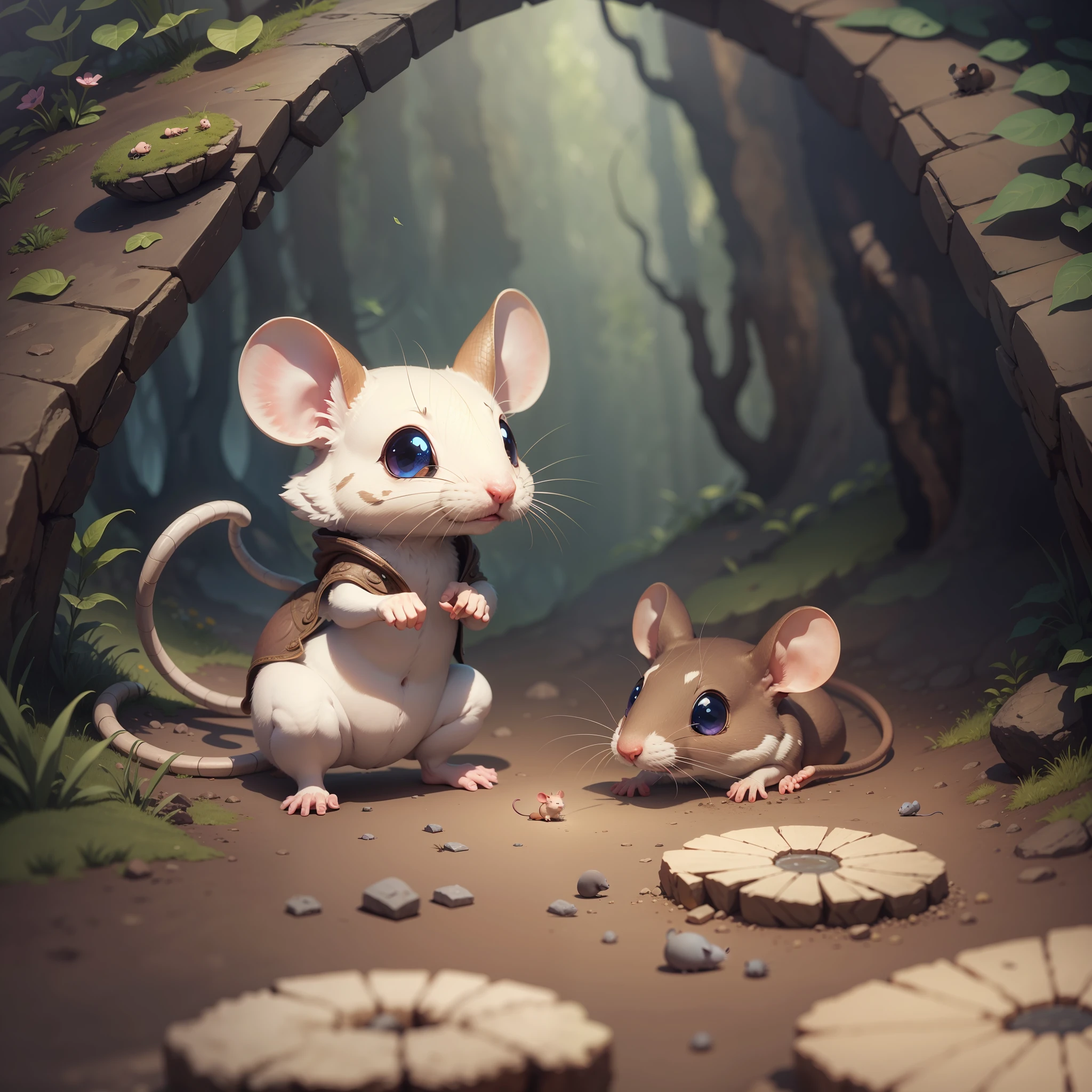 A LITTLE MOUSE TALKING TO A BLIND SNAKE, SUSPENSE CAVE SCENERY COLORS , INTRICATE , HIGH DETAILING , APPARENT TEXTURES BEAUTIFUL EYES , ANIMATION , CREATIVE STYLE --auto --s2