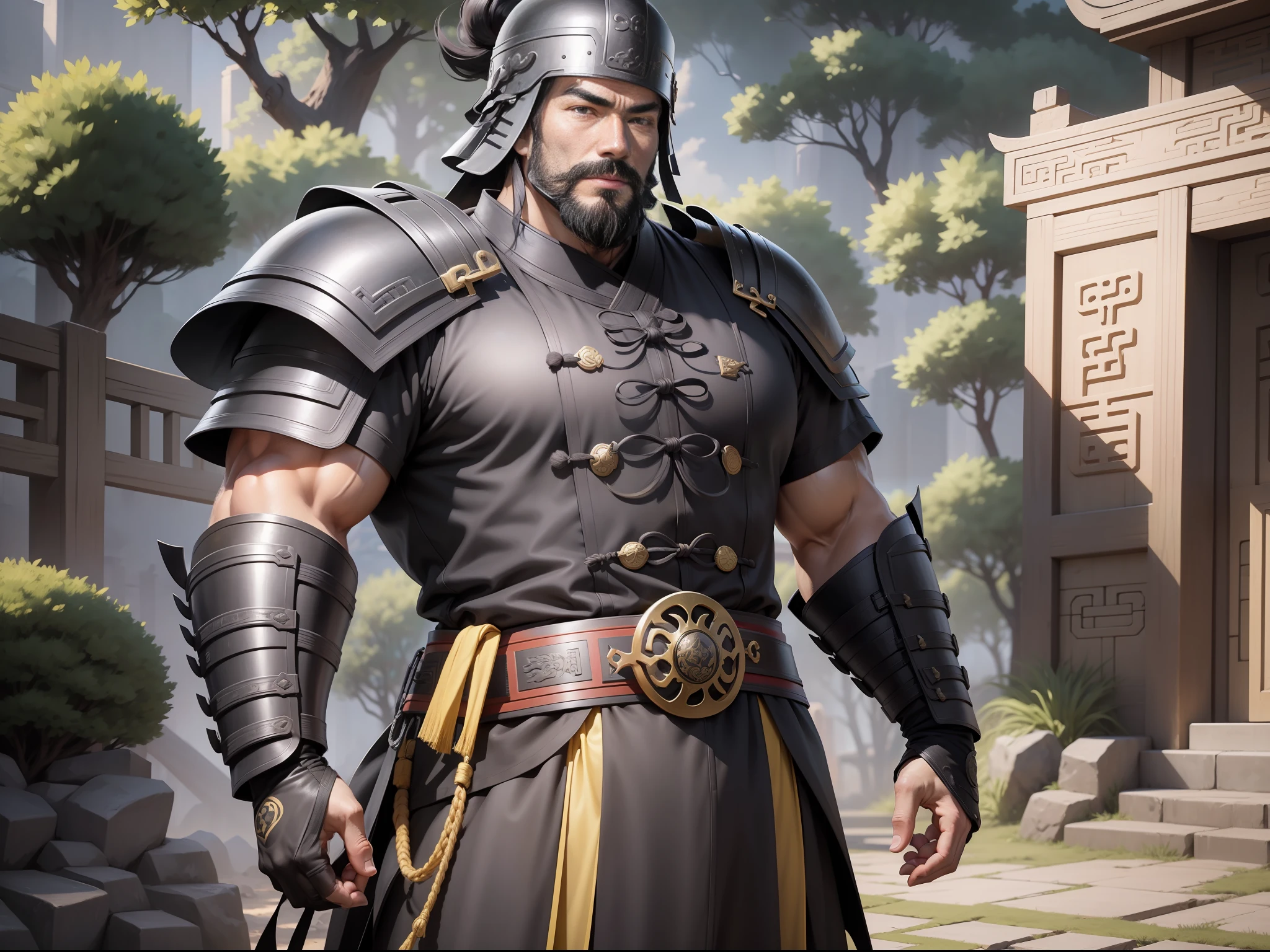 Ultra HD, ultimate masterpiece, high detail depiction, best picture quality, 8k, 2D anime style, Chinese Han Dynasty, a man, ancient Chinese general Dian Wei, mature man, 30 years old, super detailed face, round face, black eyes, big beard, resolute eyes, wearing a black helmet, wearing black armor, a yellow belt at the waist, height 2 meters, burly body, muscular, black leather boots, standing on the grass, summer, sunny, daytime, sunny, all over.