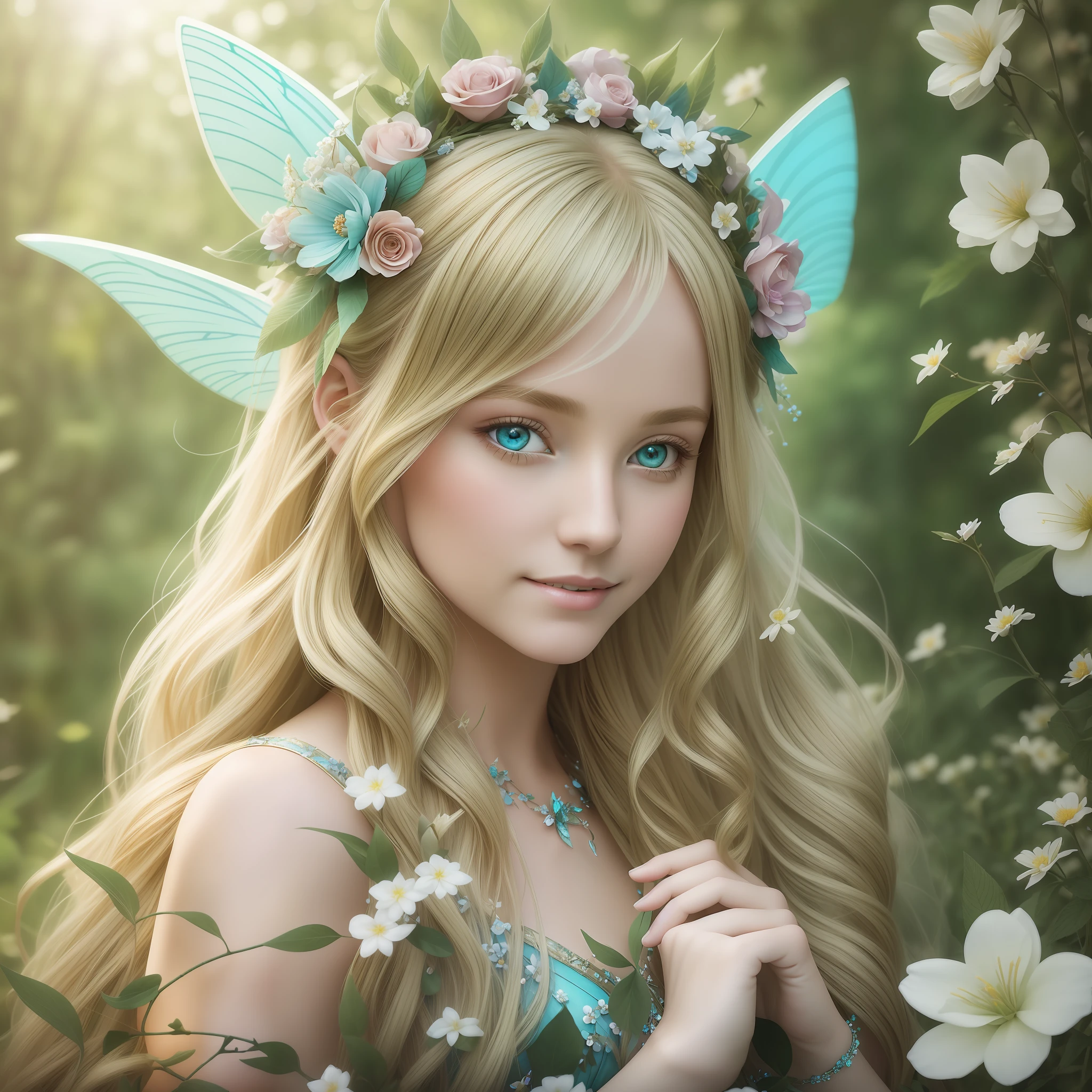 (Masterpiece) 8K resolution, fairy queen, titania, beauty frolicking with fairies, blonde long hair with floral decoration, hazel eyes, turquoise eyes, gentle smile, model style, fantasy style,