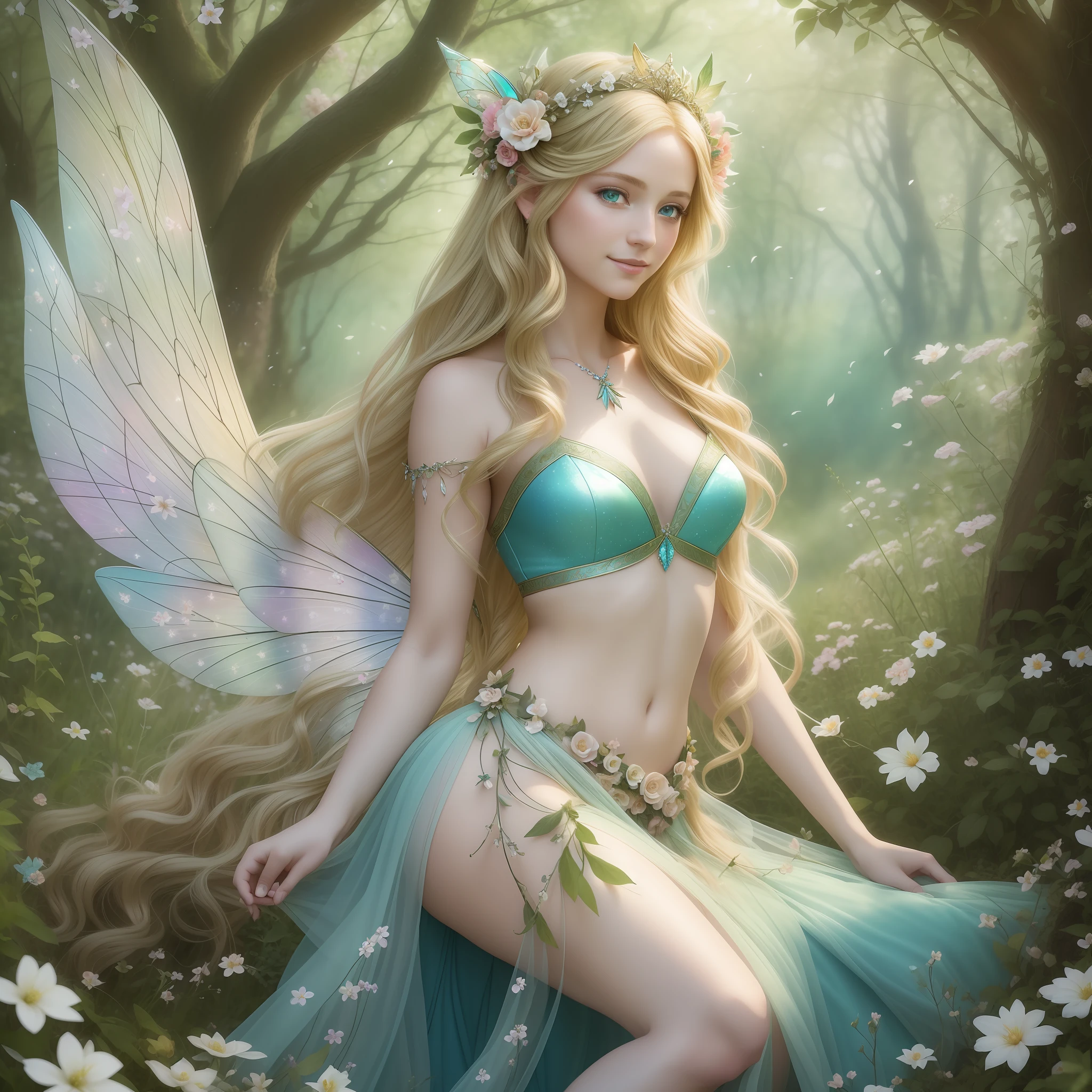 (Masterpiece) 8K resolution, fairy queen, titania, beauty frolicking with fairies, blonde long hair with floral decoration, hazel eyes, turquoise eyes, gentle smile, model style, fantasy style,
