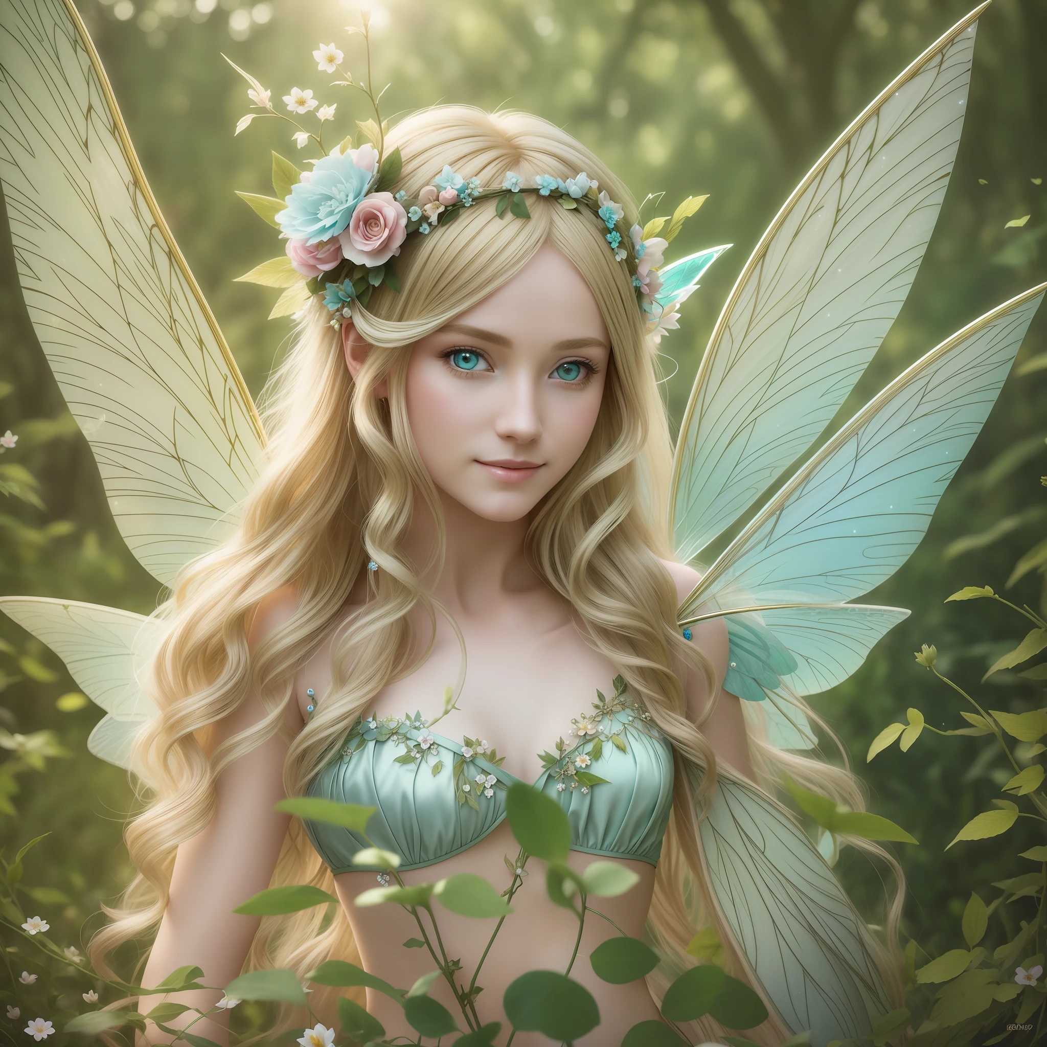 (Masterpiece) 8K resolution, fairy queen, titania, beauty frolicking with fairies, blonde long hair with floral decoration, hazel eyes, turquoise eyes, gentle smile, model style, fantasy style,