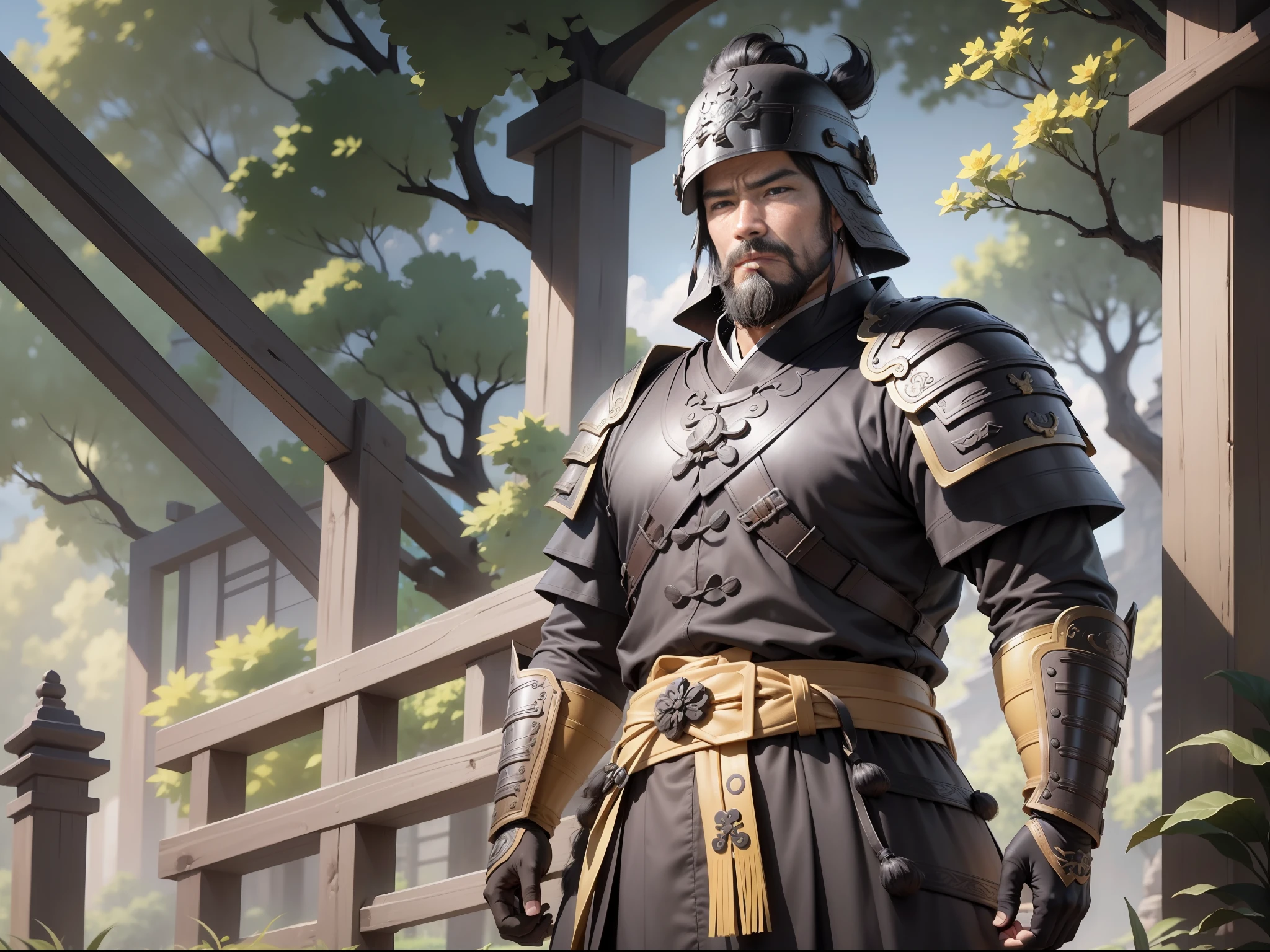 Ultra HD, ultimate masterpiece, high detail depiction, best picture quality, 8k, 2D anime style, Chinese Han Dynasty, a man, ancient Chinese general Dian Wei, mature man, 30 years old, super detailed face, round face, black eyes, big beard, resolute eyes, wearing a black helmet, wearing black armor, a yellow belt at the waist, height 2 meters, burly body, muscular, black leather boots, standing on the grass, summer, sunny, daytime, sunny, all over.