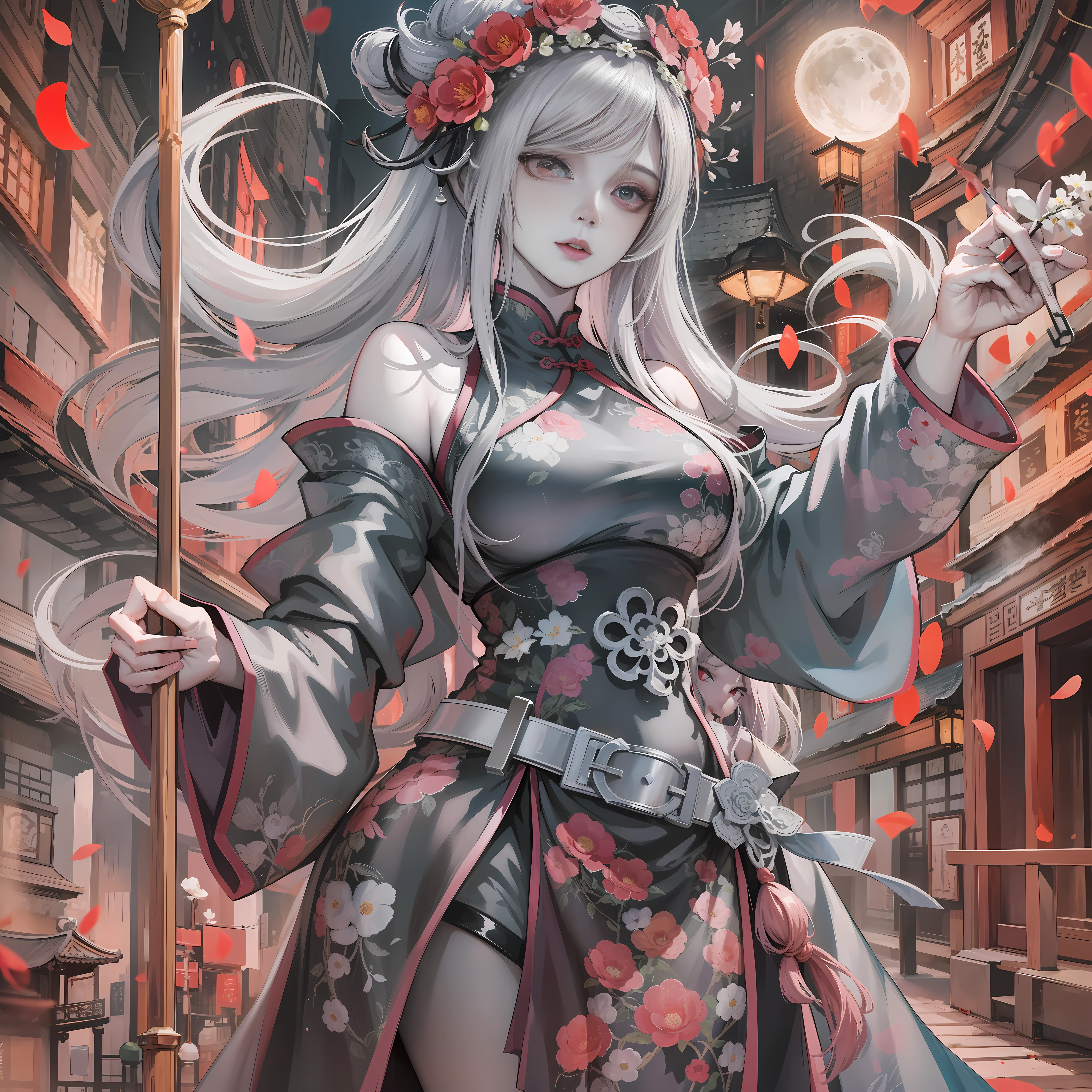 Masterpiece, Best, Night, Full Moon, 1 Female, Mature Woman, Chinese Style, Ancient China, Elder Sister, Royal Sister, Cold Face, Expressionless, Silver White Long Haired Woman, Pale Pink Lips, Calm, Intellectual, Three Belts, Gray Hitomi, assassin, dagger, flower ball background, street view