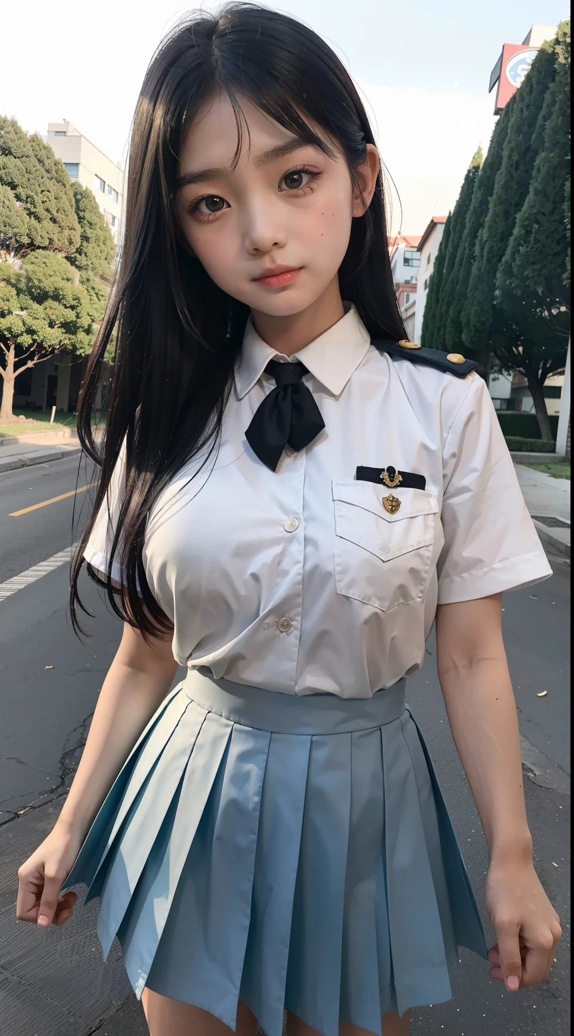 Master quality, highest quality, best picture quality, exaggerated details, a cute 8 year old asian little girl with a shy expression, slightly squinted eyes, adjusting her hair, long eyelashes (long hair / very, very exaggerated big breasts / in uniform) outdoors, posing in front of the camera