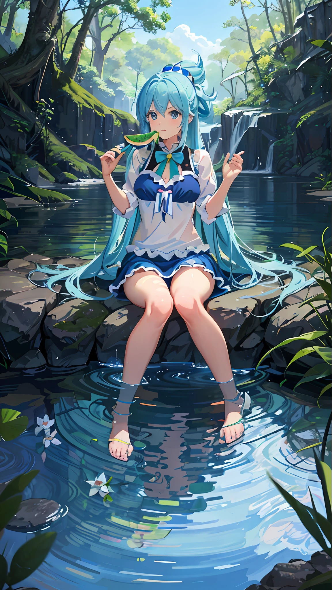 (best quality)), (best quality)), a girl (aqua Konosuba) eating a watermelon, long blue hair, light face, blue eyes, dipping her feet in the water, blooming, happy, colorful, sun, shade, in the forest, quiet pond, wildflowers at the water's edge, streams, rocks, moss,