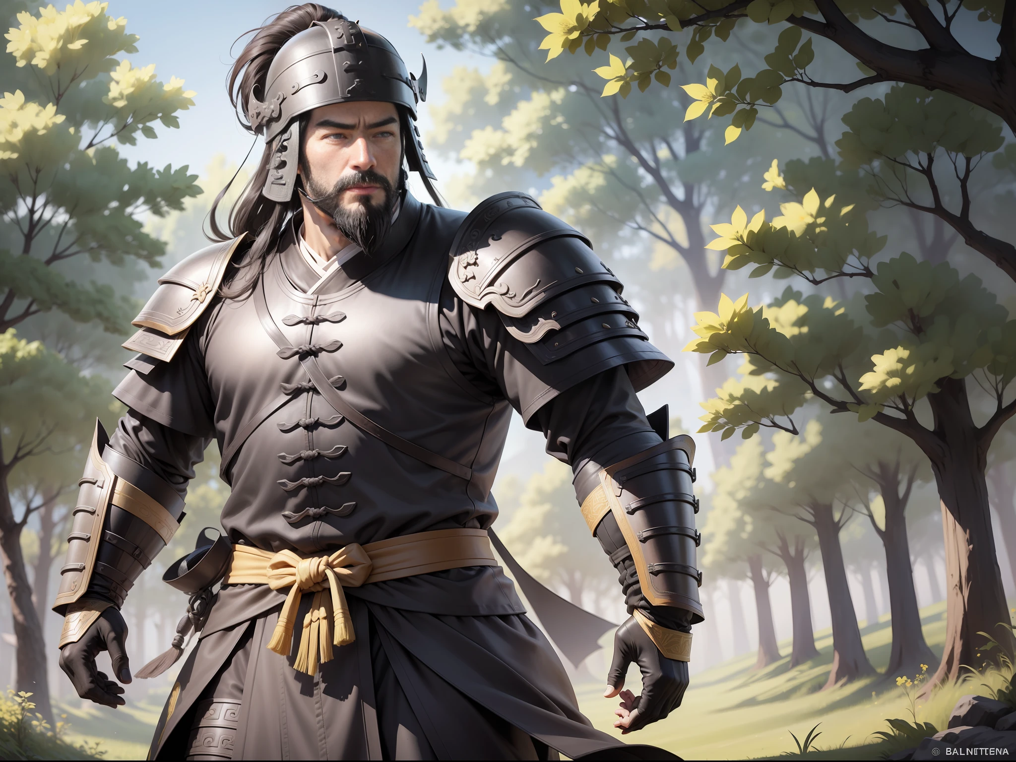 Ultra HD, ultimate masterpiece, high detail depiction, best picture quality, 8k, 2D anime style, Chinese Han Dynasty, a man, ancient Chinese general Dian Wei, mature man, 30 years old, super detailed face, round face, black eyes, big beard, resolute eyes, wearing a black helmet, wearing black armor, a yellow belt at the waist, height 2 meters, burly body, muscular, black leather boots, standing on the grass, summer, sunny, daytime, sunny, all over.