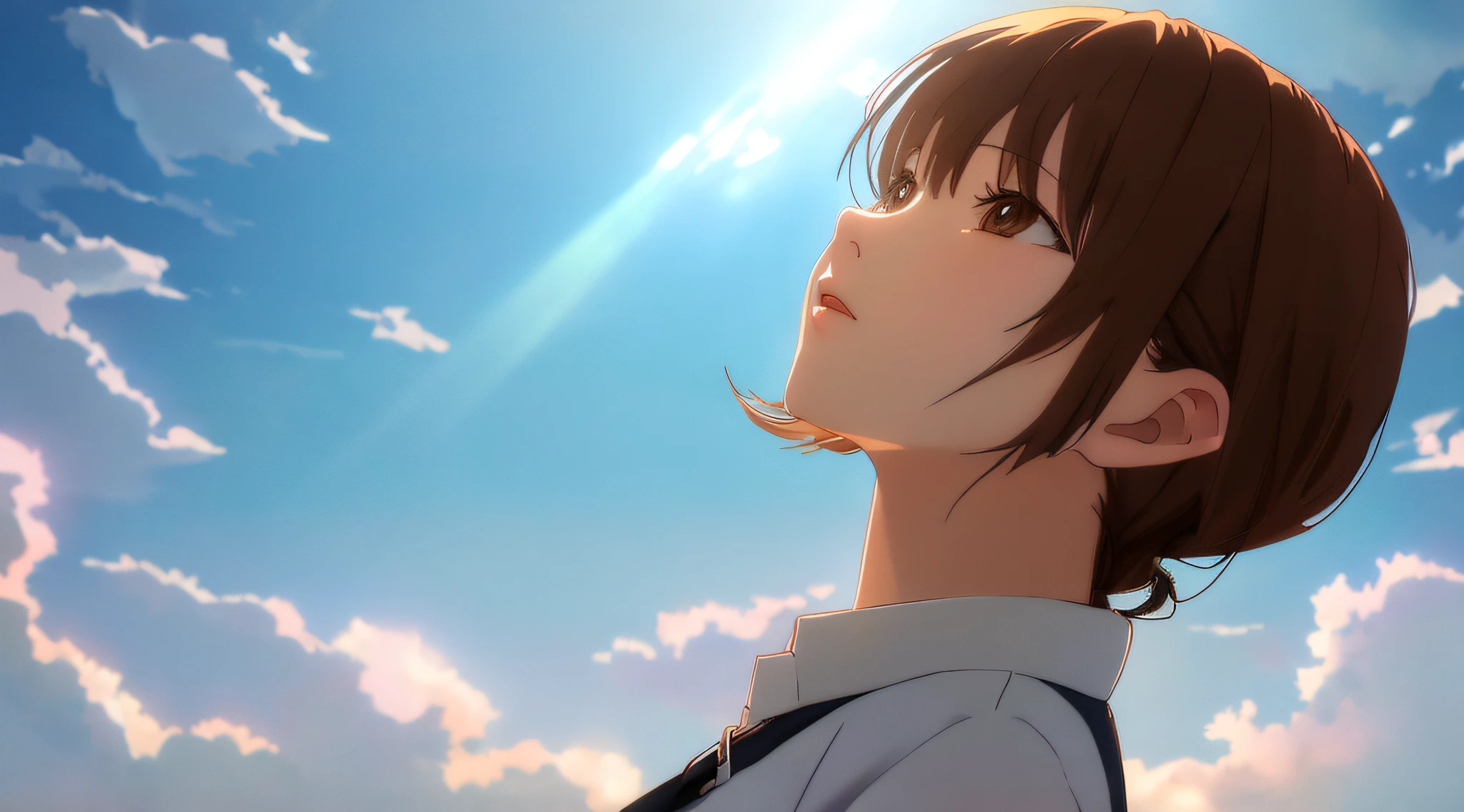 Detailed and precise illustrations in anime style. Very cute young woman, short brown hair, wearing a white shirt. Perfect round gray eyes, looking up to the heavens, eyes wide open, fantastic background full of foggy light, daydream, Makoto Shinkai anime style