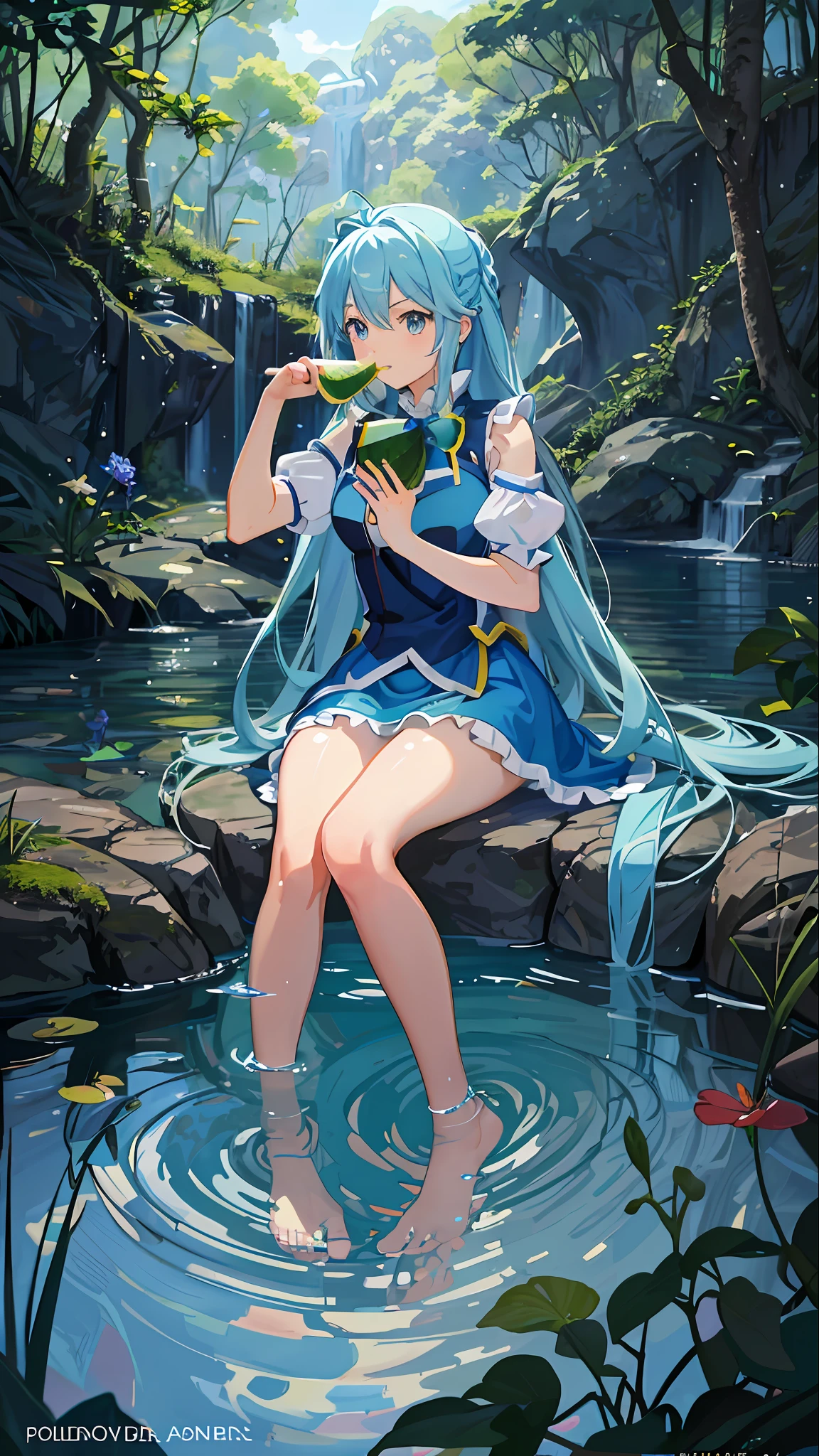 (best quality)), (best quality)), a girl (aqua Konosuba) eating a watermelon, long blue hair, light face, blue eyes, dipping her feet in the water, blooming, happy, colorful, sun, shade, in the forest, quiet pond, wildflowers at the water's edge, streams, rocks, moss,