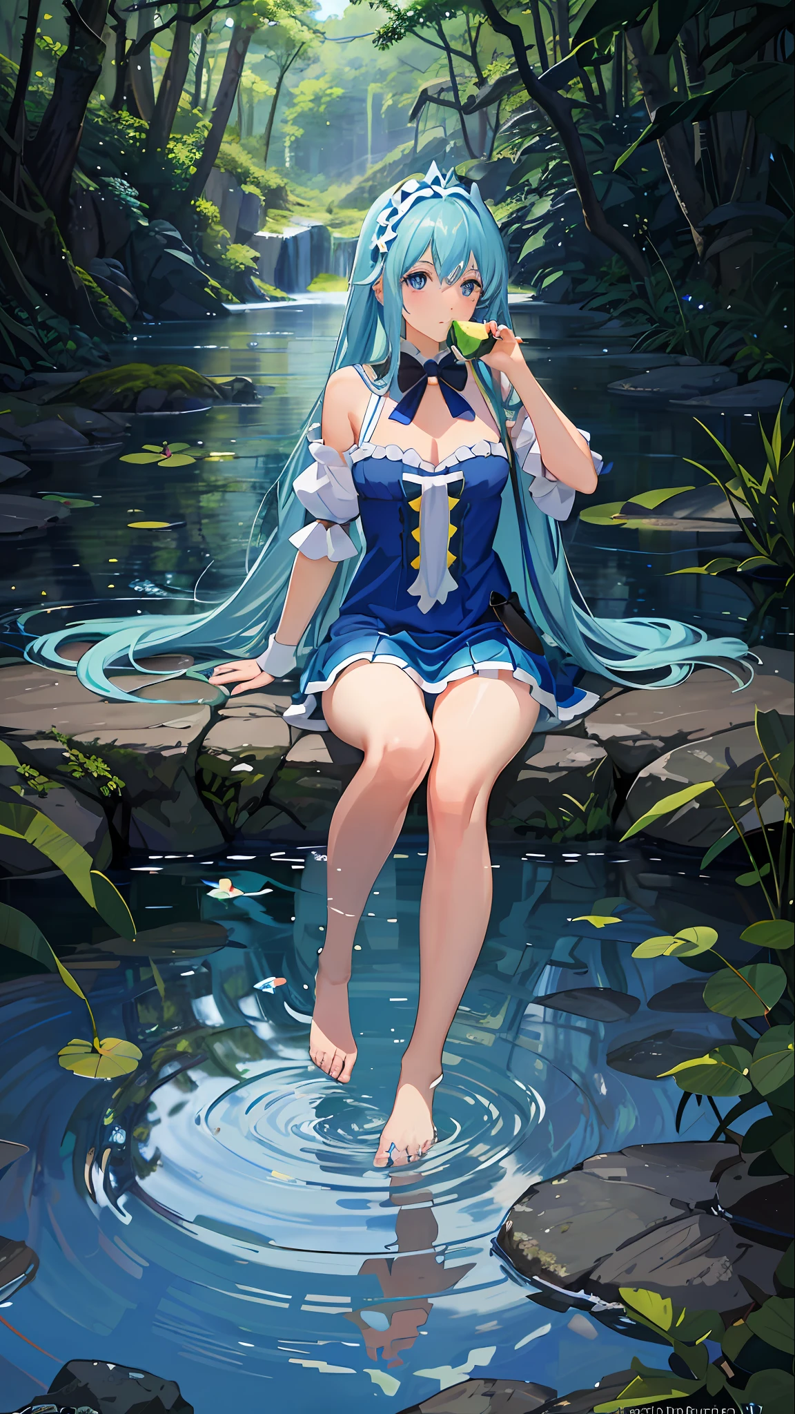 (best quality)), (best quality)), a girl (aqua Konosuba) eating a watermelon, long blue hair, light face, blue eyes, dipping her feet in the water, blooming, happy, colorful, sun, shade, in the forest, quiet pond, wildflowers at the water's edge, streams, rocks, moss,