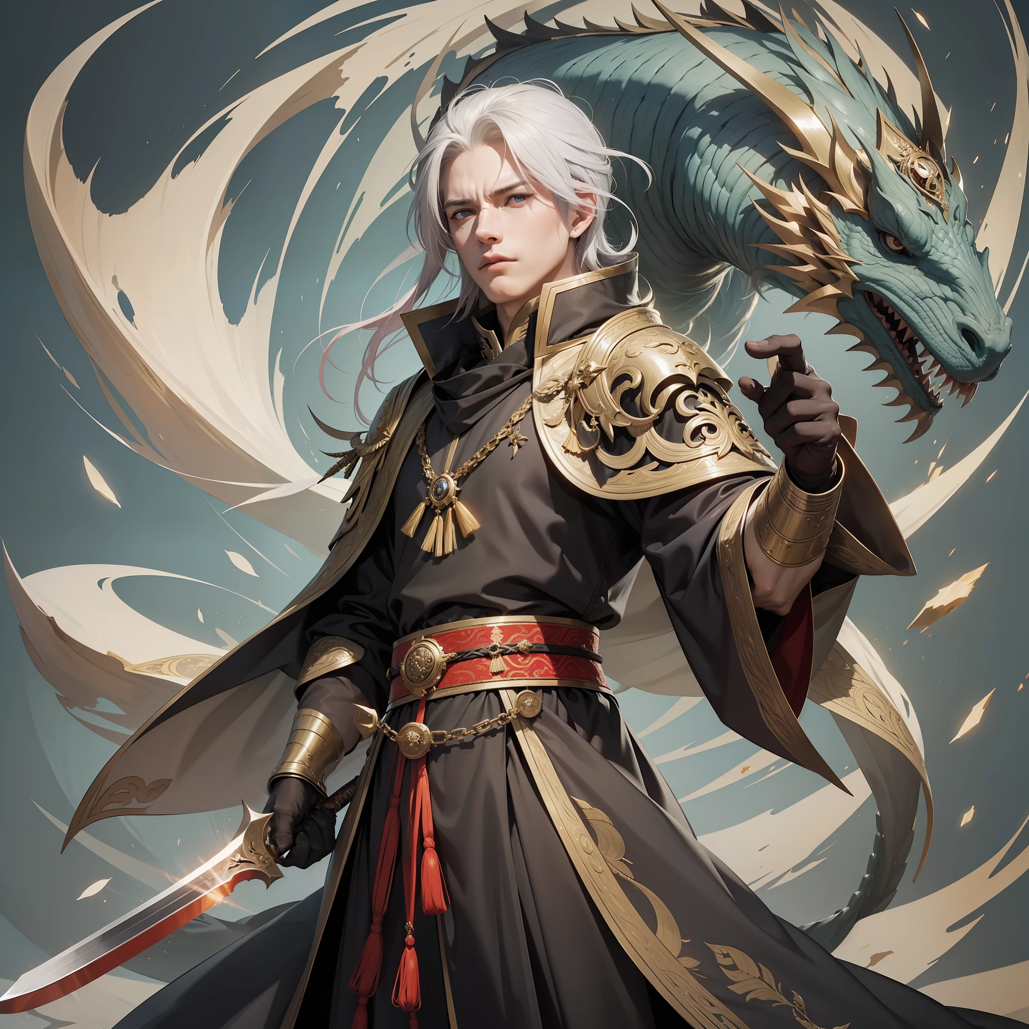 ((A male emperor)), domineering, majestic and solemn, solemn face, sharp eyes, (holding weapons), power, determination, gorgeous imperial clothing, dragon robes, battle robes, status, authority, head up, looking down on the world, best quality, photorealistic quality, cinematic quality, 8k, ultra-detailed details, realistic, (character realism: 1.2),