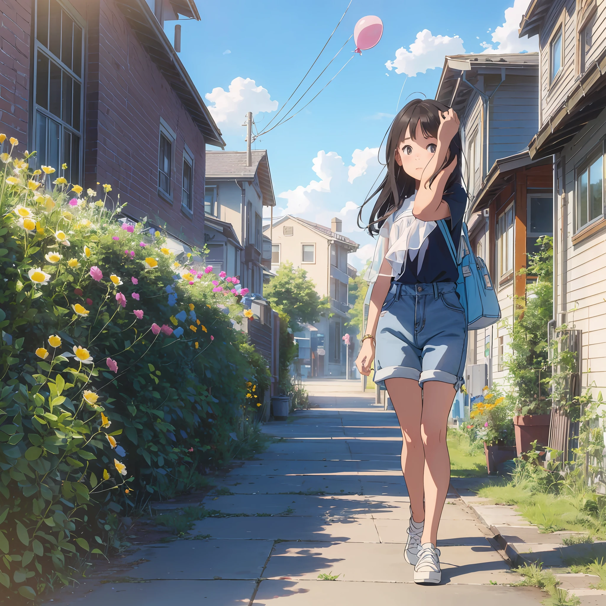 (Clearance Sale), (Style: Cute), "Little Girl"*, Prairie, Balloons, Bright Skin, Dark Blue Shirt, Jean Shorts and White Shoes, Clear Blue Sky, Clear Weather, Natural Light --auto --s2