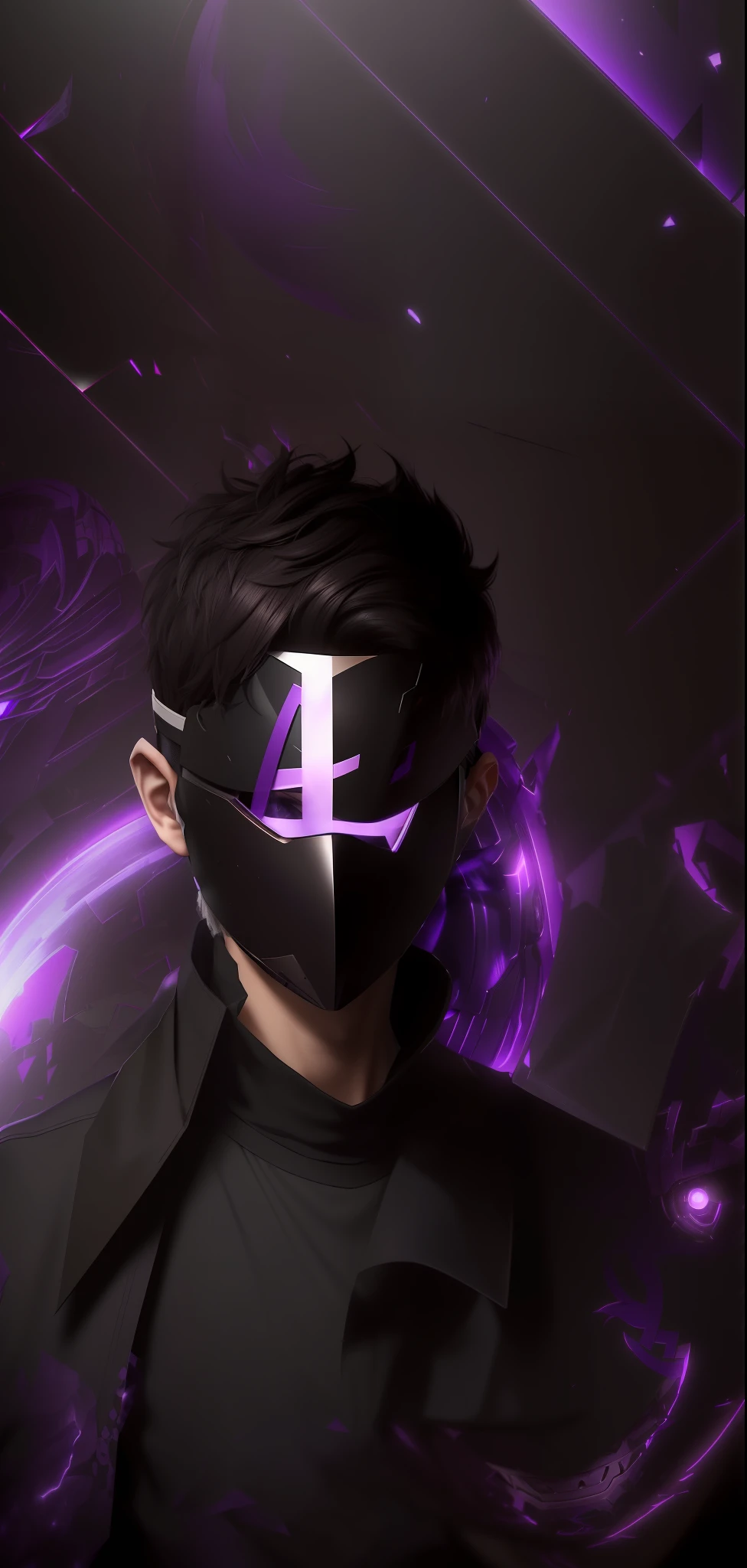 A young man with short black hair with a mask covering his entire face, on the mask there is a purple L, ( ( ( mask ) ), broken mask, vega mask, light face [[bronze]] [mask], unsharpened mask, unknown art style, anime style. 8k, broken visor, mask is broken, dark background, shadow world background, purple, purple L