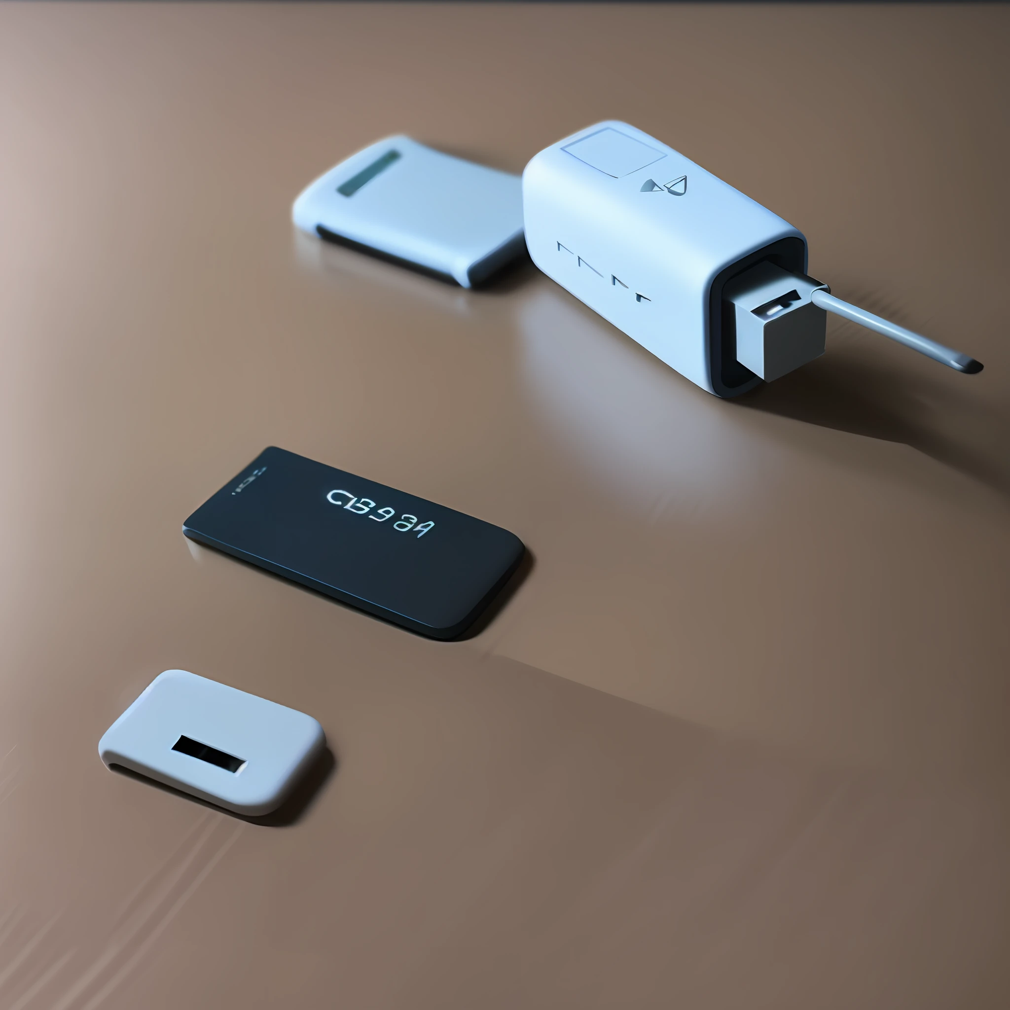 A USB flash drive on the table, give a close-up of the USB drive, with a little small decoration commonly used on the table around it, the overall bright style.