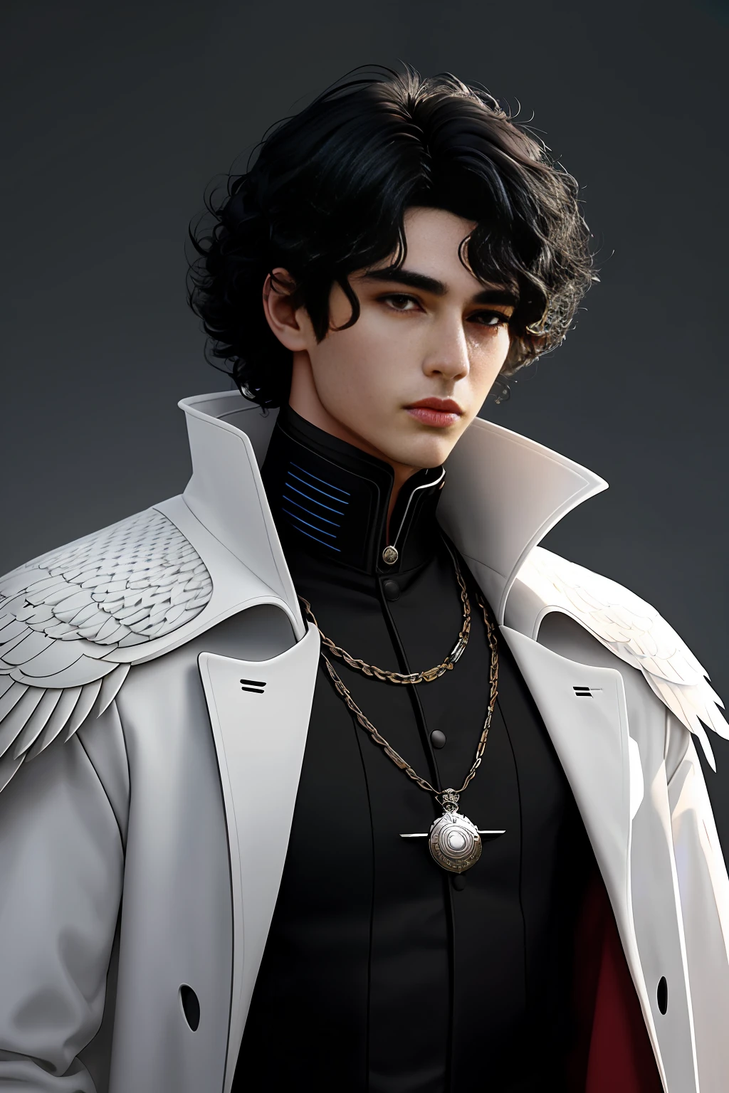 A 23-year-old man, curly black hair with white locks, perfect face, wearing a high-tech outfit, ((extremely detailed)), award-winning digital art, ((soft lighting)), with a crow mask and red overcoat