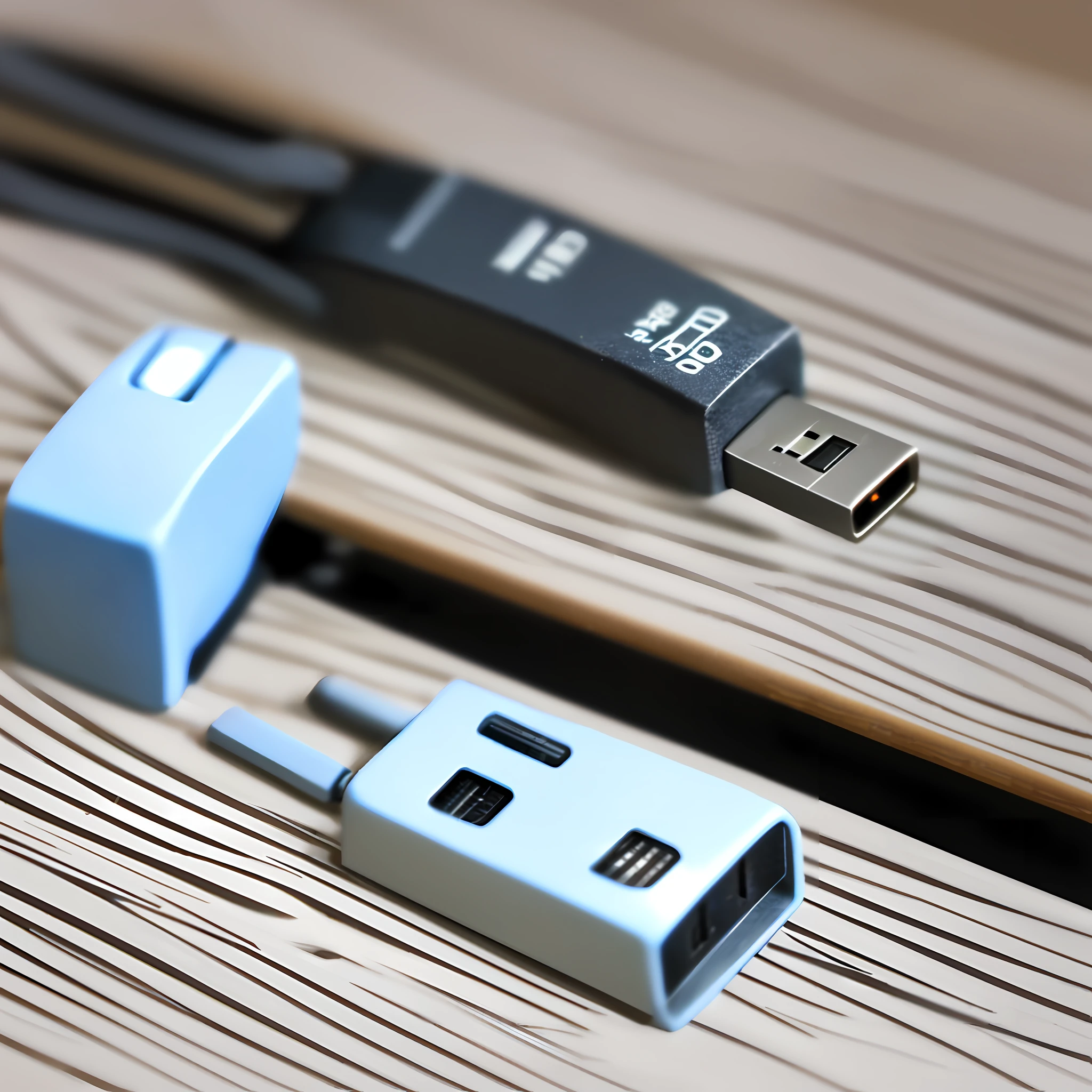 A USB flash drive on the table, give a close-up of the USB drive, with a little small decoration commonly used on the table around it, the overall bright style.