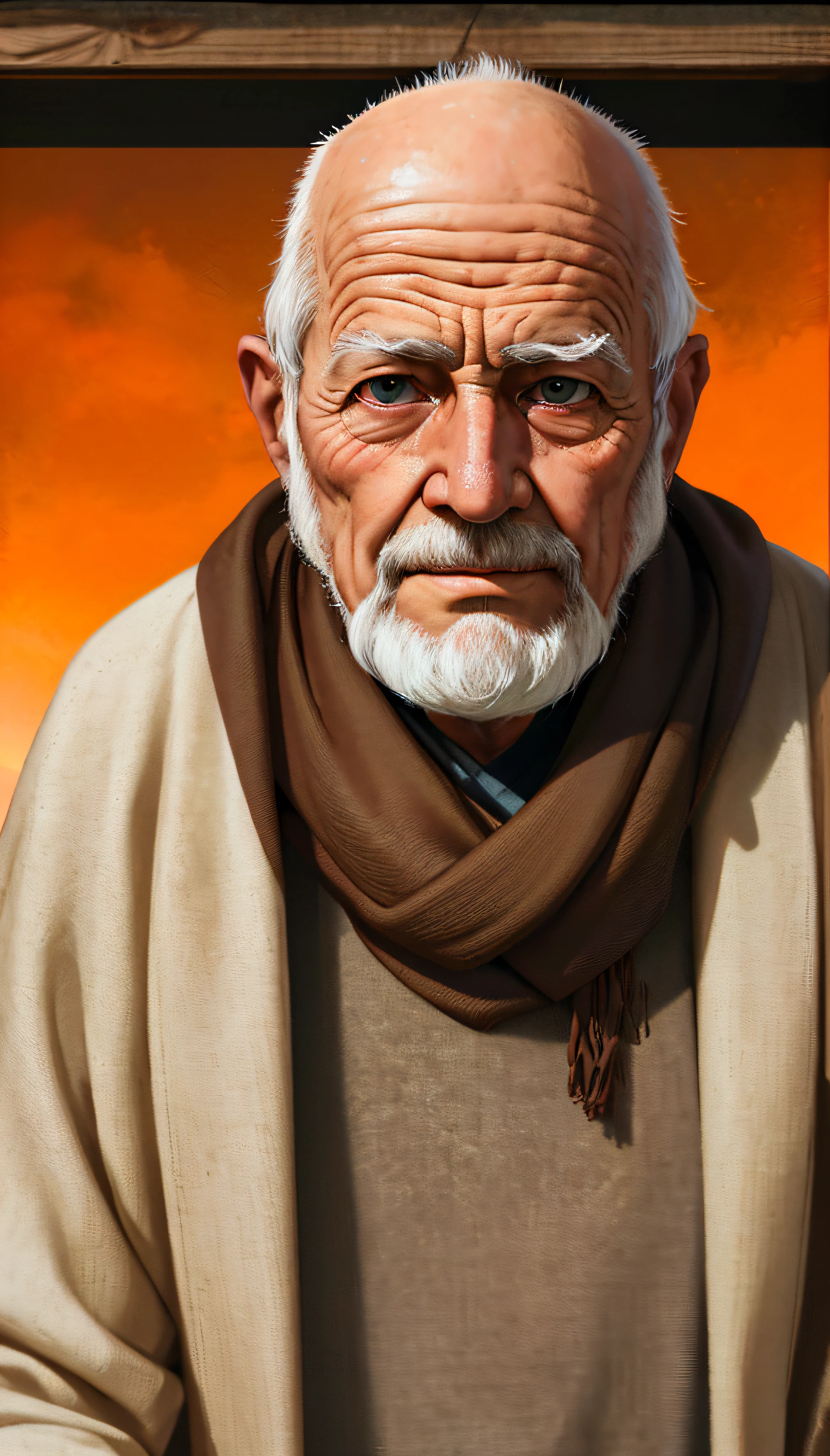 NYX photography, portrait old man, in the style of rendered in cinema4d, Joel Robison, Mehmed Siyah-Kalem, detailed scenes, looking from the front, frontal view, hyperdetailed, 32k UHD, light orange and brown, rural life scenes
