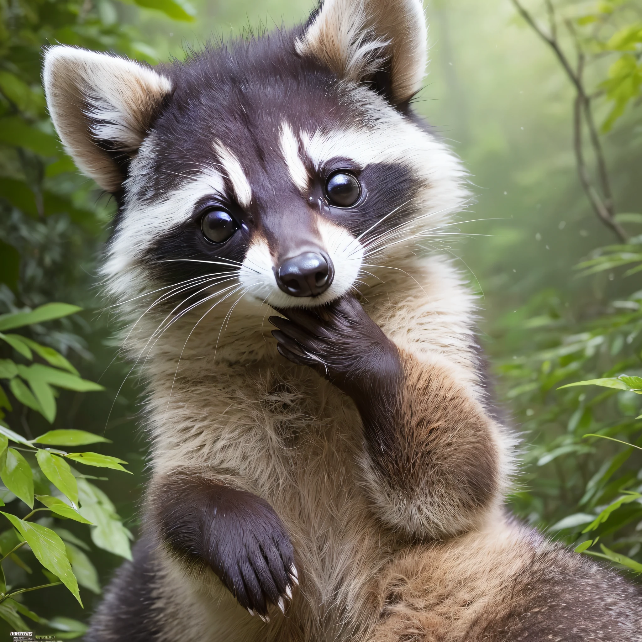 Capture the essence of a raccoon in its natural habitat with intricate details that will bring it to life. The scene unfolds in high definition 8K, immersing the viewer in the mesmerizing world of this fascinating creature. The raccoon, adorned with its distinctive facial mask and ringed tail, is depicted with hyper-realistic precision. Every strand of fur, every glimmer in its eyes, and every subtle movement are captured with meticulous attention to detail. The habitat is carefully crafted, showcasing the raccoon in its environment, surrounded by lush foliage, towering trees, and a gentle trickling stream. The lighting is soft and dappled, casting gentle shadows and illuminating the raccoon's features. This hyper-realistic masterpiece will transport viewers into the raccoon's world, allowing them to appreciate its beauty and inherent wildness. --auto --s2