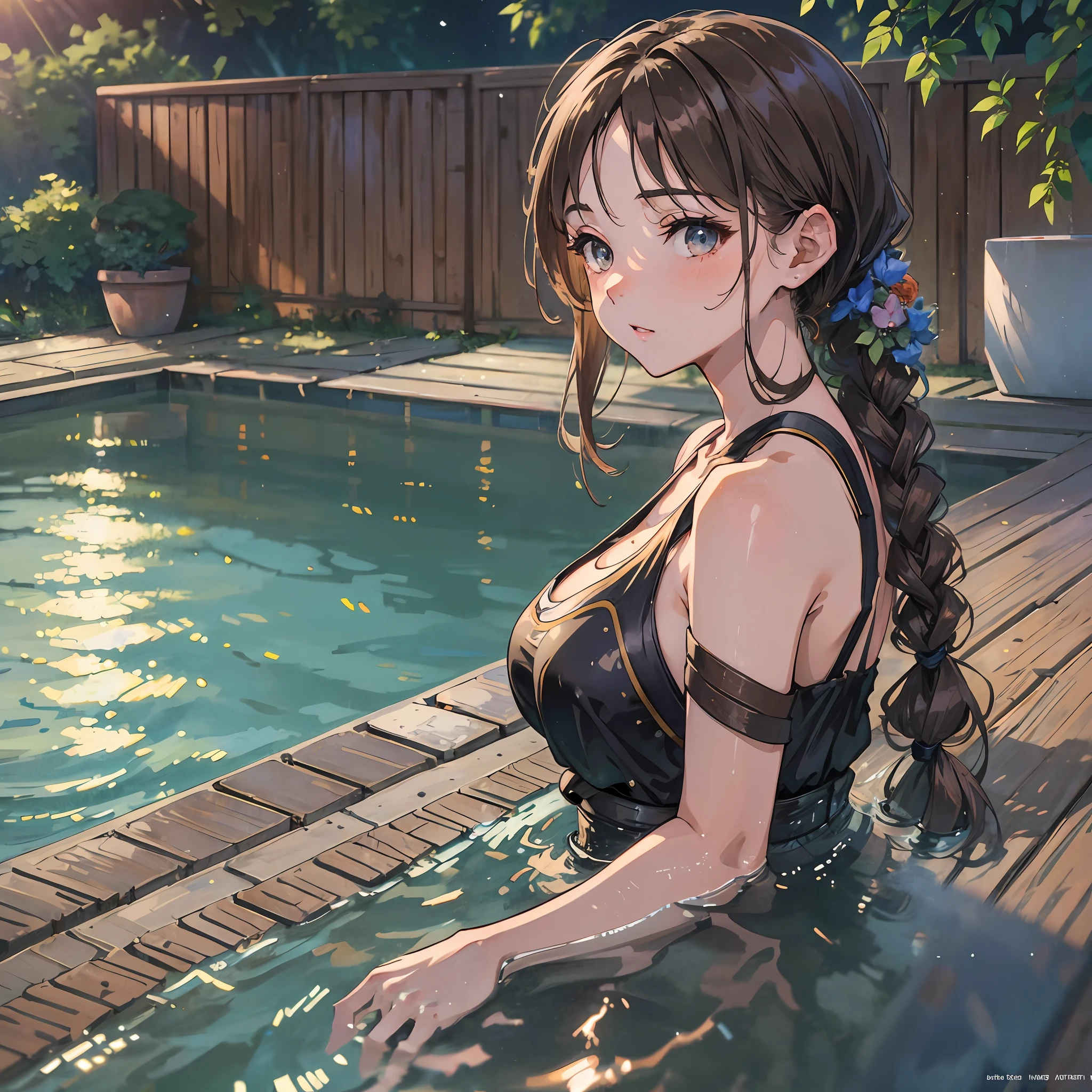 Evening: 1.7), Japan, Tokyo, swimming pool, sitting on the side, bare_shoulders, collarbone, sleeveless, Grey_dress, brown_eyes, brown_hair, braid, 1 girl, 20 years old, mature female, beautiful fingers, beautiful long legs, beautiful body, beautiful nose, beautiful character design, perfect eyes, perfect face, look up, NSFW, official art, extremely detailed CG Unity 8k wallpaper, perfect lighting, colorful, Bright_Front_face_Lighting, (masterpiece:1.0), (best_quality:1.0), ultra high resolution, 4K, super detail, photography, 8K, HDR, high resolution, absurd:1.2, kodak portella 400, film grain, background blur, bokeh:1.2, lens flare, (vibrant_color:1.2) (beautiful, large_Breasts:1.4), (beautiful_face:1.5),(narrow_waist), --auto --s2