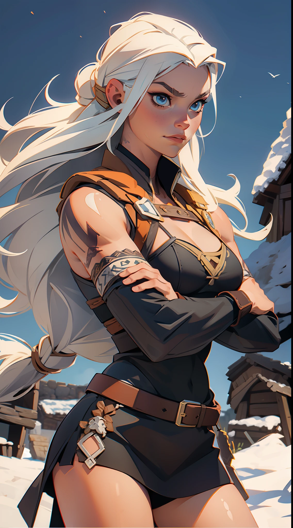woman viking super strong, muscular, leather clothing, viking tattoos,((( a background village)))