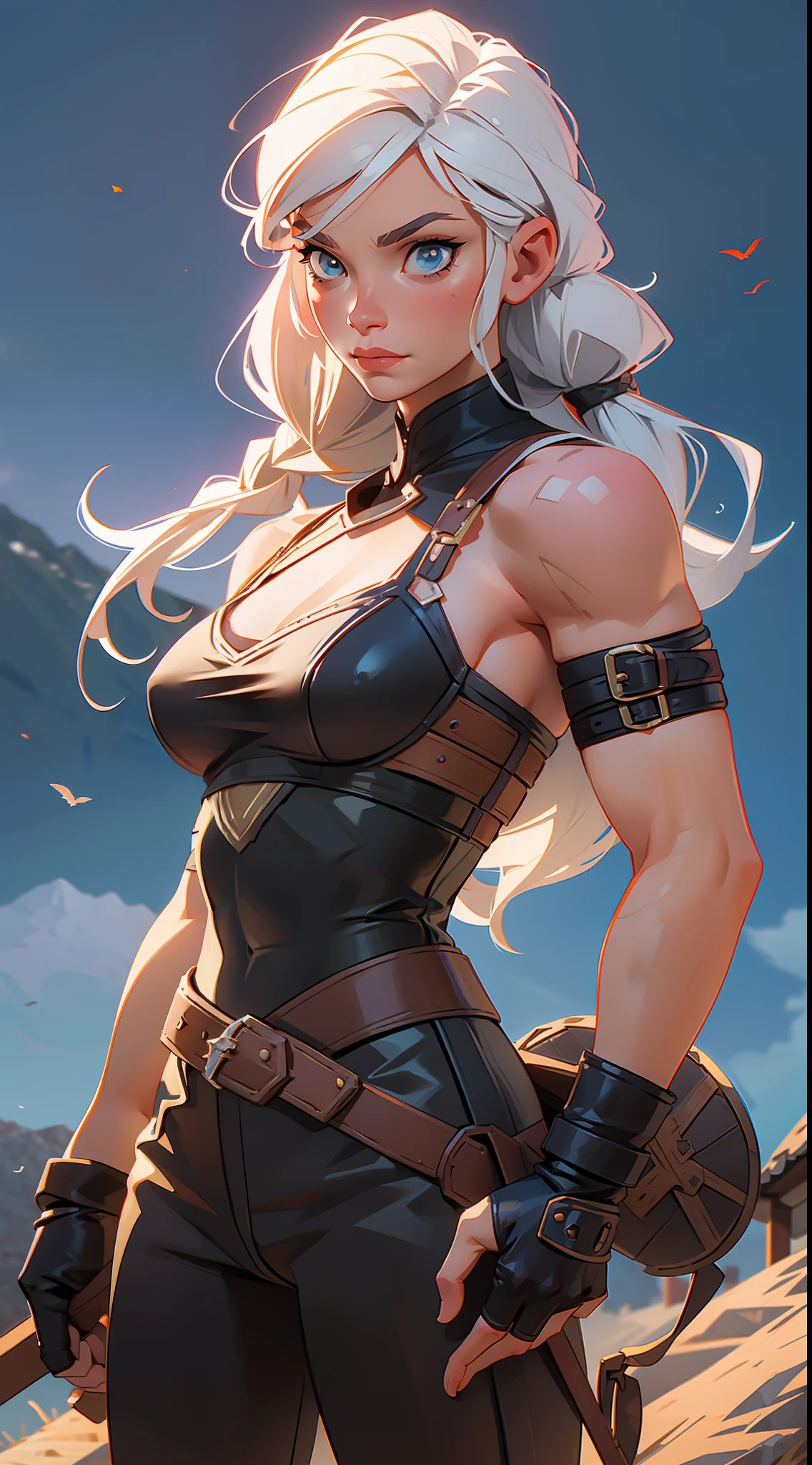 woman viking super strong, muscular, leather clothing, viking tattoos,((( a background village)))