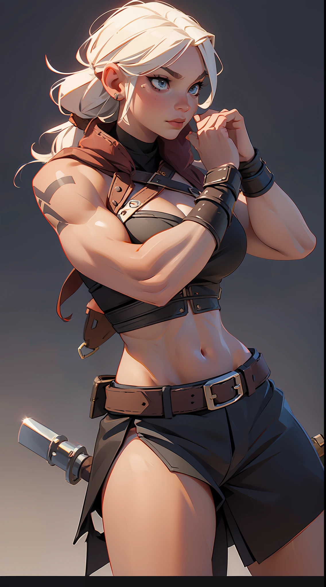 woman viking super strong, muscular, leather clothing, viking tattoos,((( a background village)))