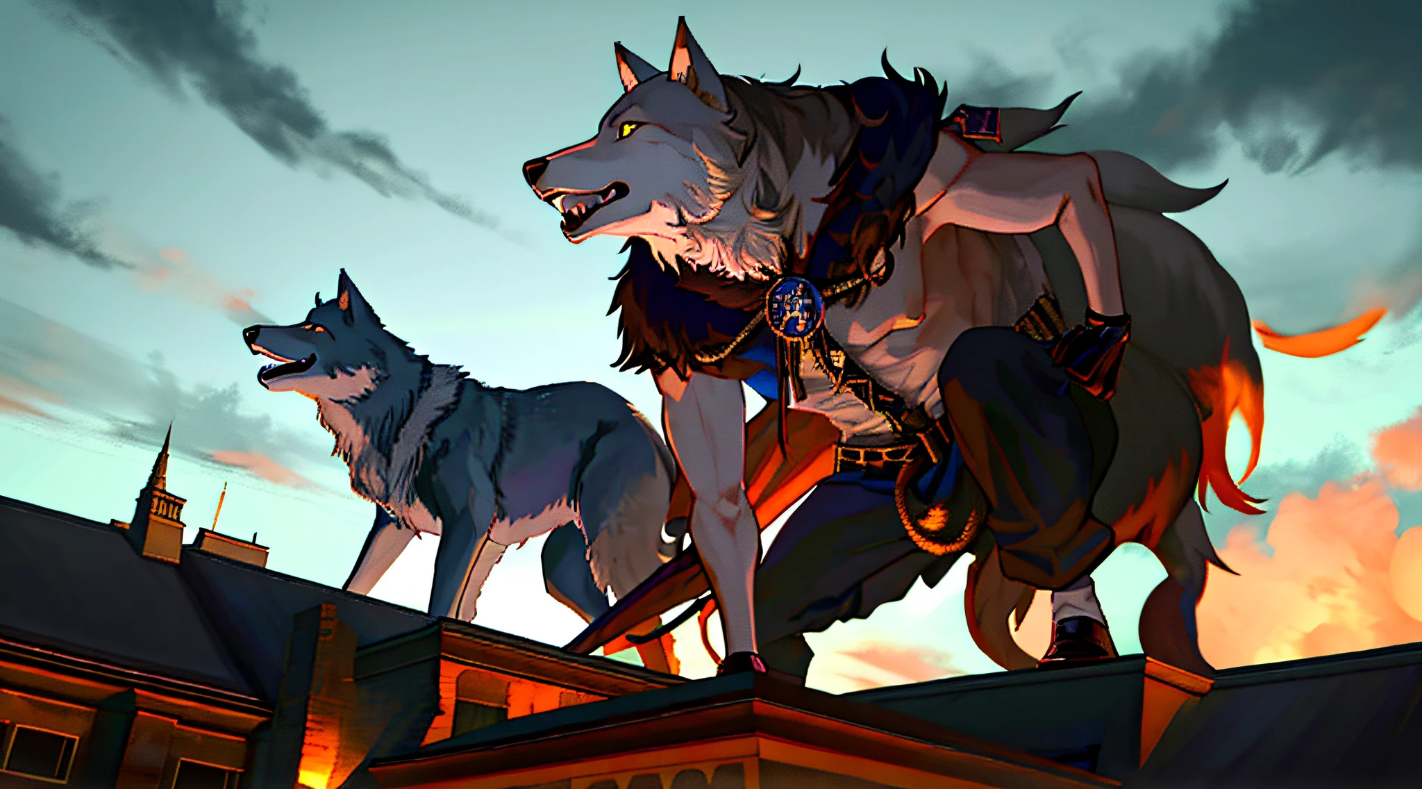 A wolf-man howling on the roof of a mansion in the streets of London, in the background the English parliament, dark night, ferocity, gloomy, night sky with full moon, realism