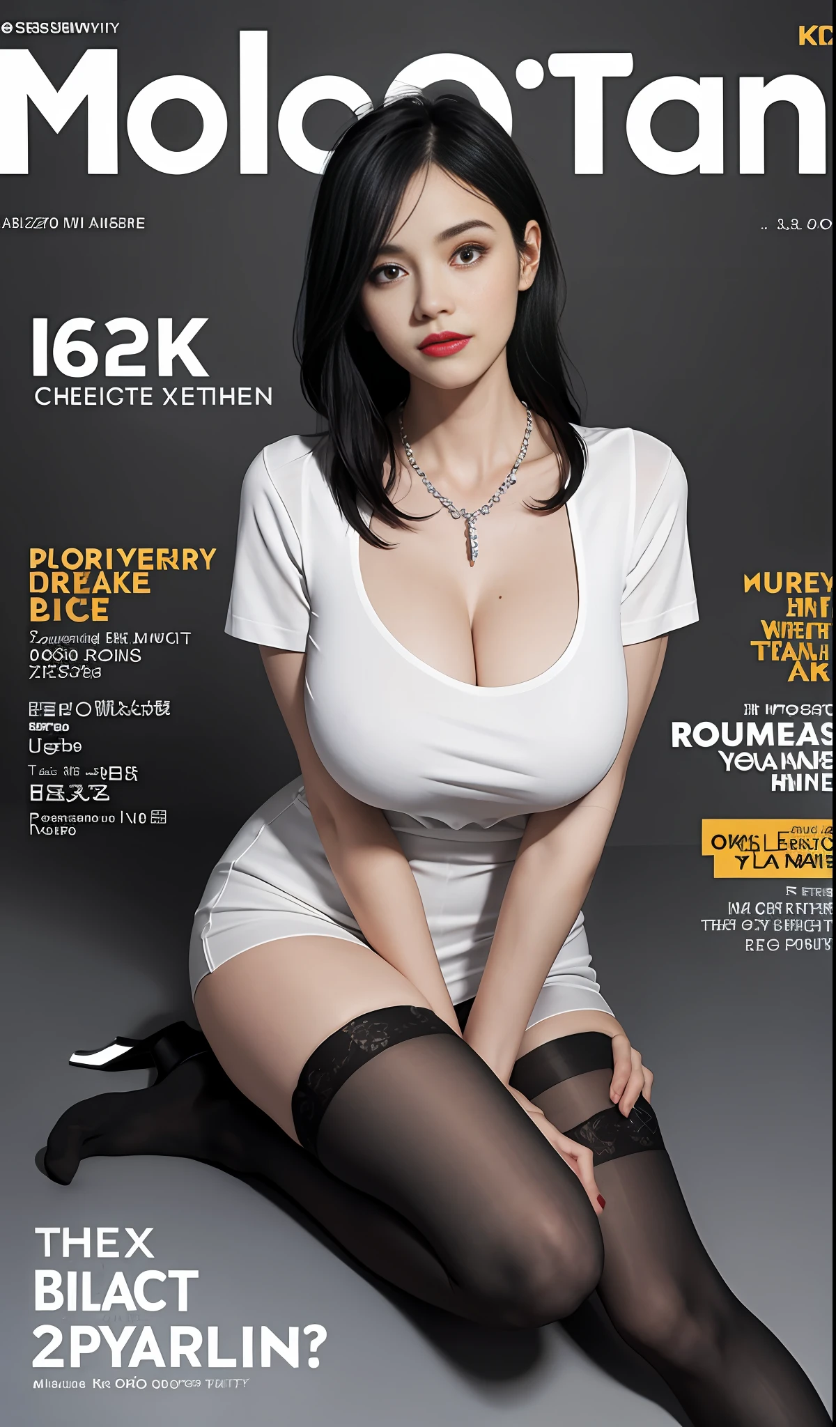 (Magazine cover: 1.3), (Reality: 1.3) (Original: 1.2), Masterpiece, Best Quality, 8K RAW, 16K, Beautiful Clean Face, Full Body, 1 Woman, Perfect Proportions, Big Tits, Urban White Collar, Professional Wear, Black Stockings, Multiple Poses, Ridiculous, (Crystal Necklace), Pose for Photo, (Long Black Hair),