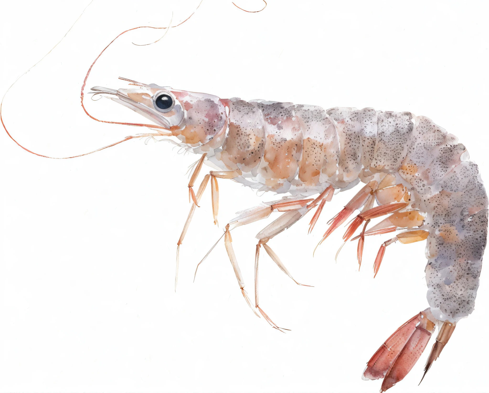 watercolor,shrimp, watercolor style, wet in wet technique, flat illustration, highly detailed clean, vector image, masterpiece, professional, isometric, bright vector, white background, dry brush, brush stroke, drawn on canvas, by J.M.W. Turner. Expressive markers.