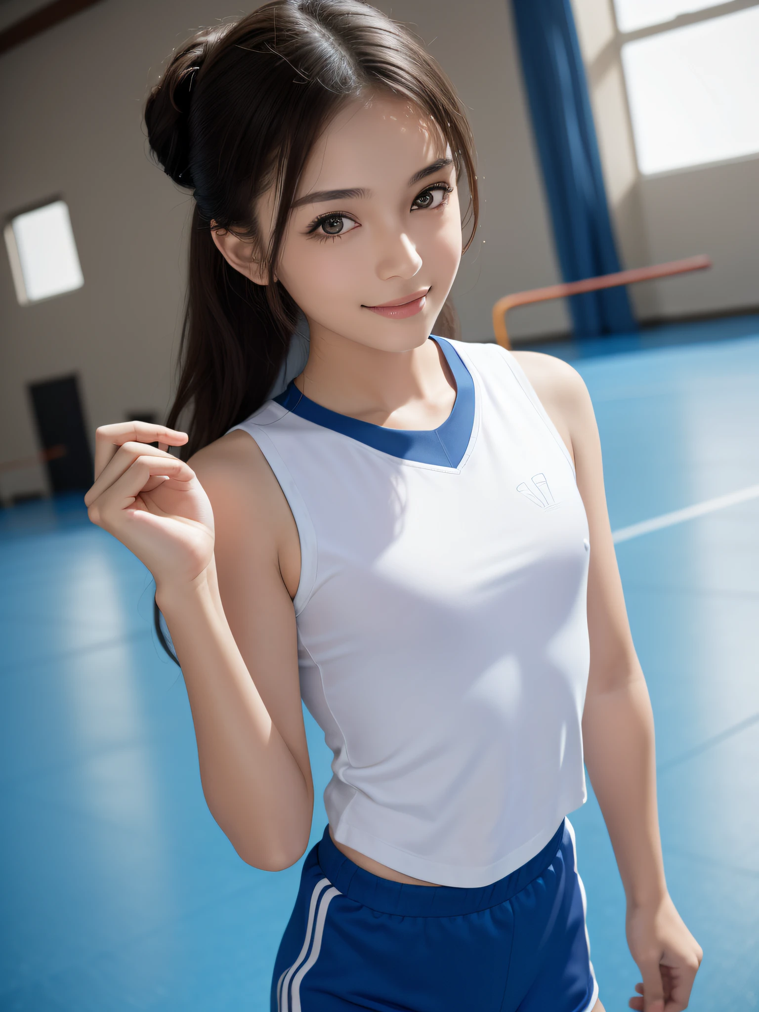 8k, Perfect human body, Real person, Photorealistic, RAW photo, Real human face, Real human face skin, arsold, tall girl, small breasts, slim body, (looking at the camera with pure love eyes with shy smile), showing the whole body, up do hairstyle, no makeup, beautiful white skin, real human black cute eyes, cute face, movie lighting, wearing the school gym uniform, doing gymnastics, back ground at school athletic field,