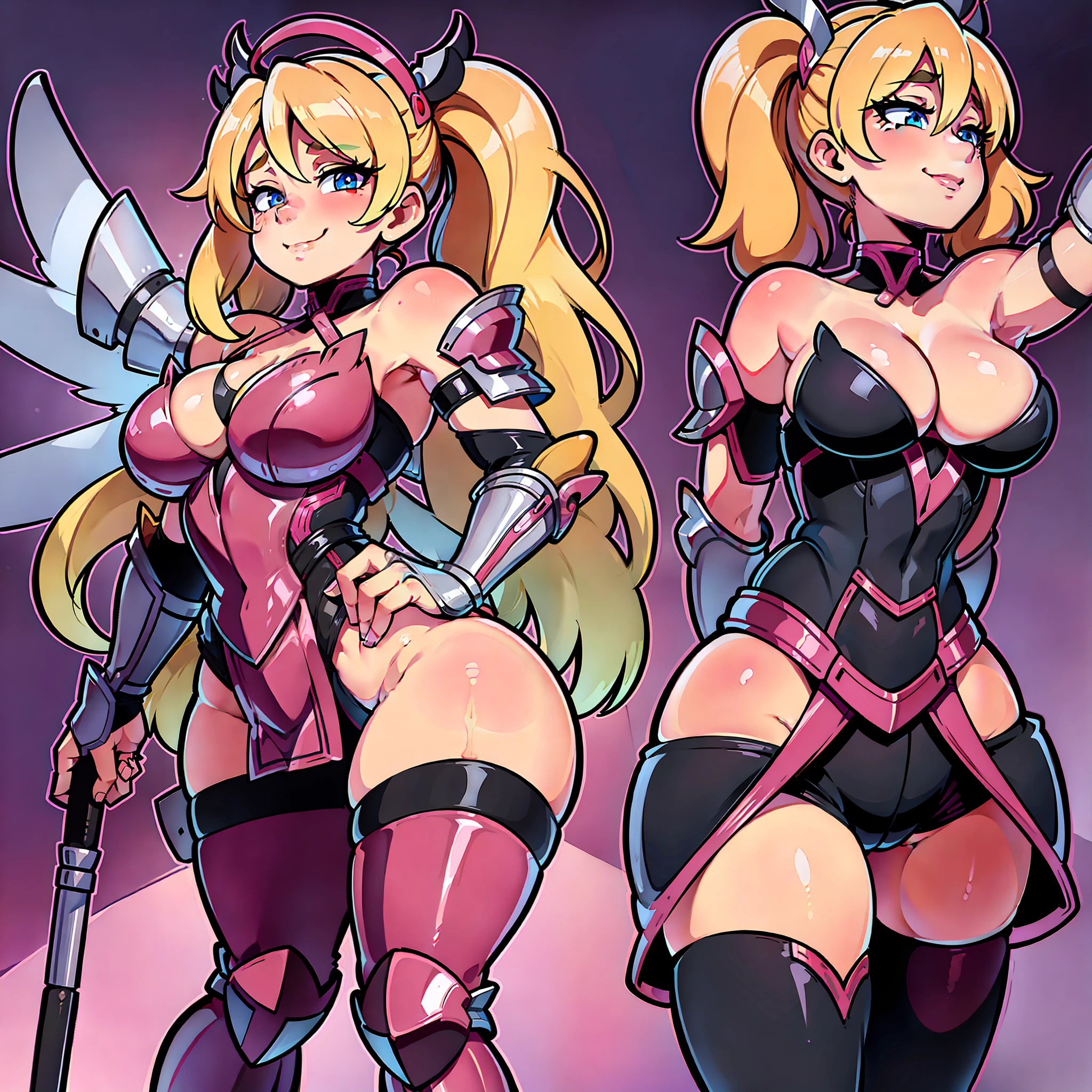 pink_mercy, 1girl, big butt, brush strokes, colored background, happy, winking, small breasts, armor, gorgeous, simple background, from the front, flaunting, flirting, blonde, twintails, wings, stripping, paladin, multiple views, front view, back view, thigh stockings