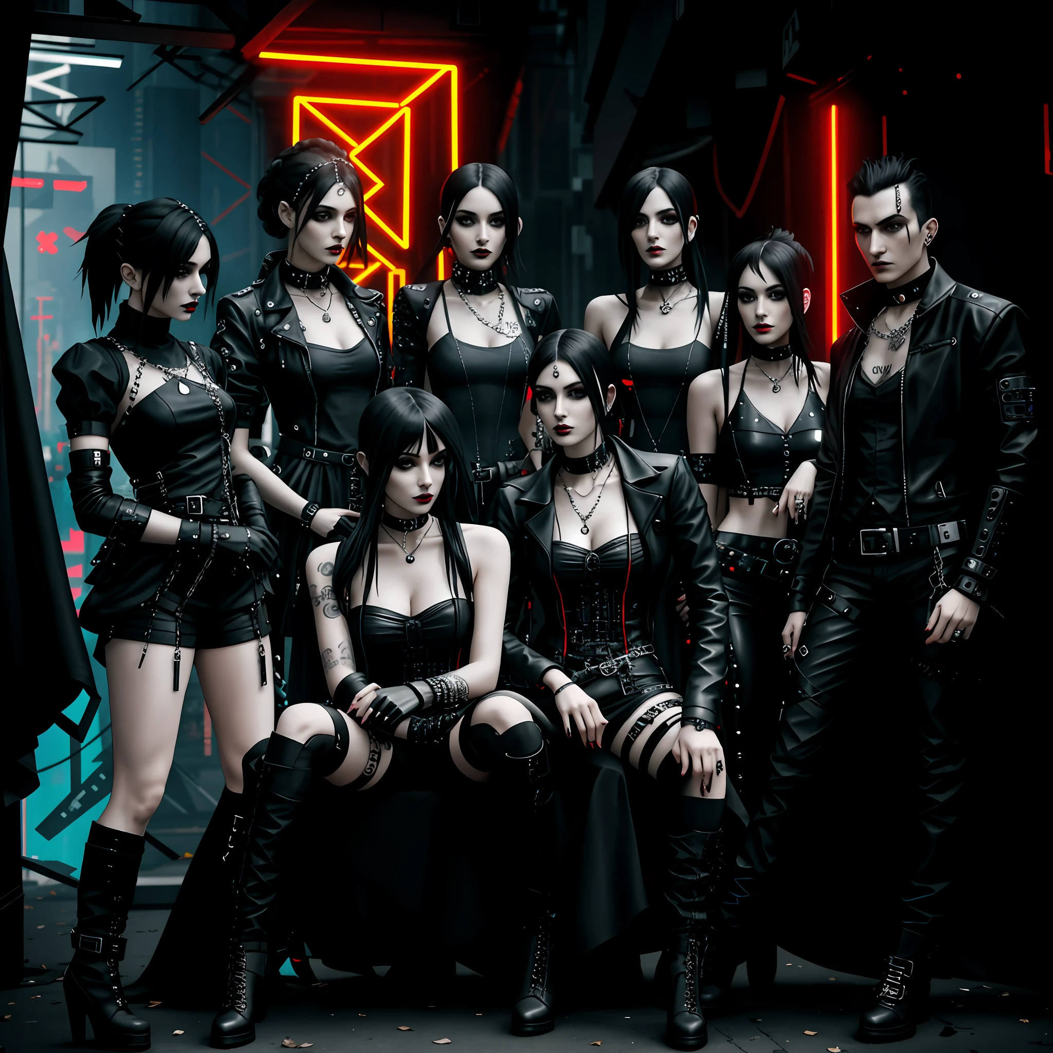 Arafed group of people dressed in black leather posing for a photo, chanel haired woman, chanel hairstyle, seductive gothic black costume, all black gothic clothes, high fashion, women, gothic clothes, gothic fashion clothes, goth - punk, gothic fashion clothes, emo gothic band, cyberpunk clothes, cyberpunk fashion, cyberpunk horror style, cyberpunk techwear, cyberpunk style