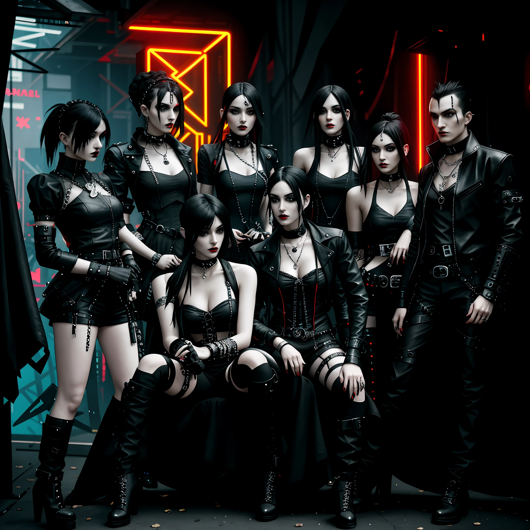 Arafed group of people dressed in black leather posing for a photo, chanel haired woman, chanel hairstyle, seductive gothic black costume, all black gothic clothes, high fashion, women, gothic clothes, gothic fashion clothes, goth - punk, gothic fashion clothes, emo gothic band, cyberpunk clothes, cyberpunk fashion, cyberpunk horror style, cyberpunk techwear, cyberpunk style