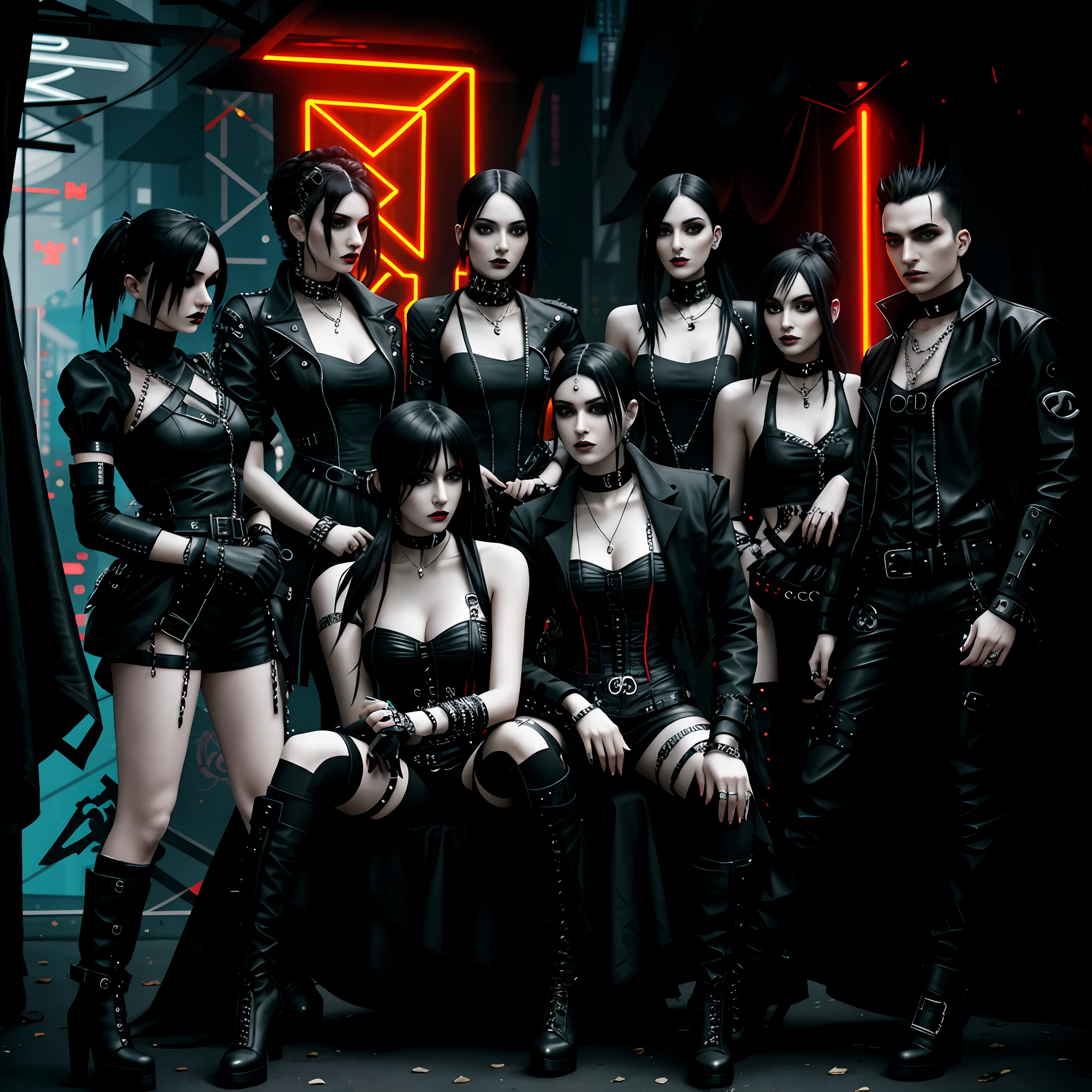 Arafed group of people dressed in black leather posing for a photo, chanel haired woman, chanel hairstyle, seductive gothic black costume, all black gothic clothes, high fashion, women, gothic clothes, gothic fashion clothes, goth - punk, gothic fashion clothes, emo gothic band, cyberpunk clothes, cyberpunk fashion, cyberpunk horror style, cyberpunk techwear, cyberpunk style
