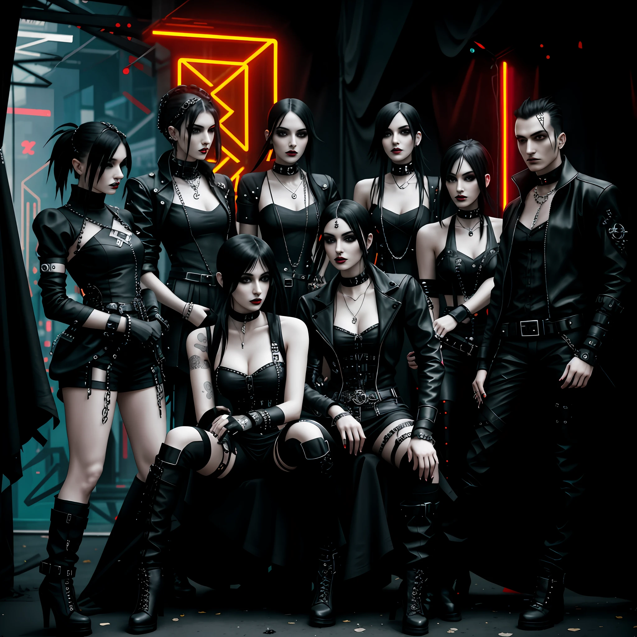 Arafed group of people dressed in black leather posing for a photo, chanel haired woman, chanel hairstyle, seductive gothic black costume, all black gothic clothes, high fashion, women, gothic clothes, gothic fashion clothes, goth - punk, gothic fashion clothes, emo gothic band, cyberpunk clothes, cyberpunk fashion, cyberpunk horror style, cyberpunk techwear, cyberpunk style