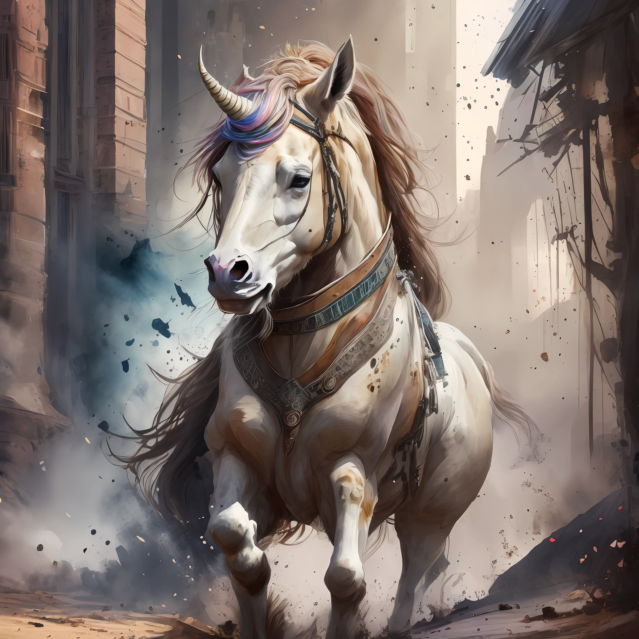 A cute unicorn in a war alone and very afraid. --auto --s2