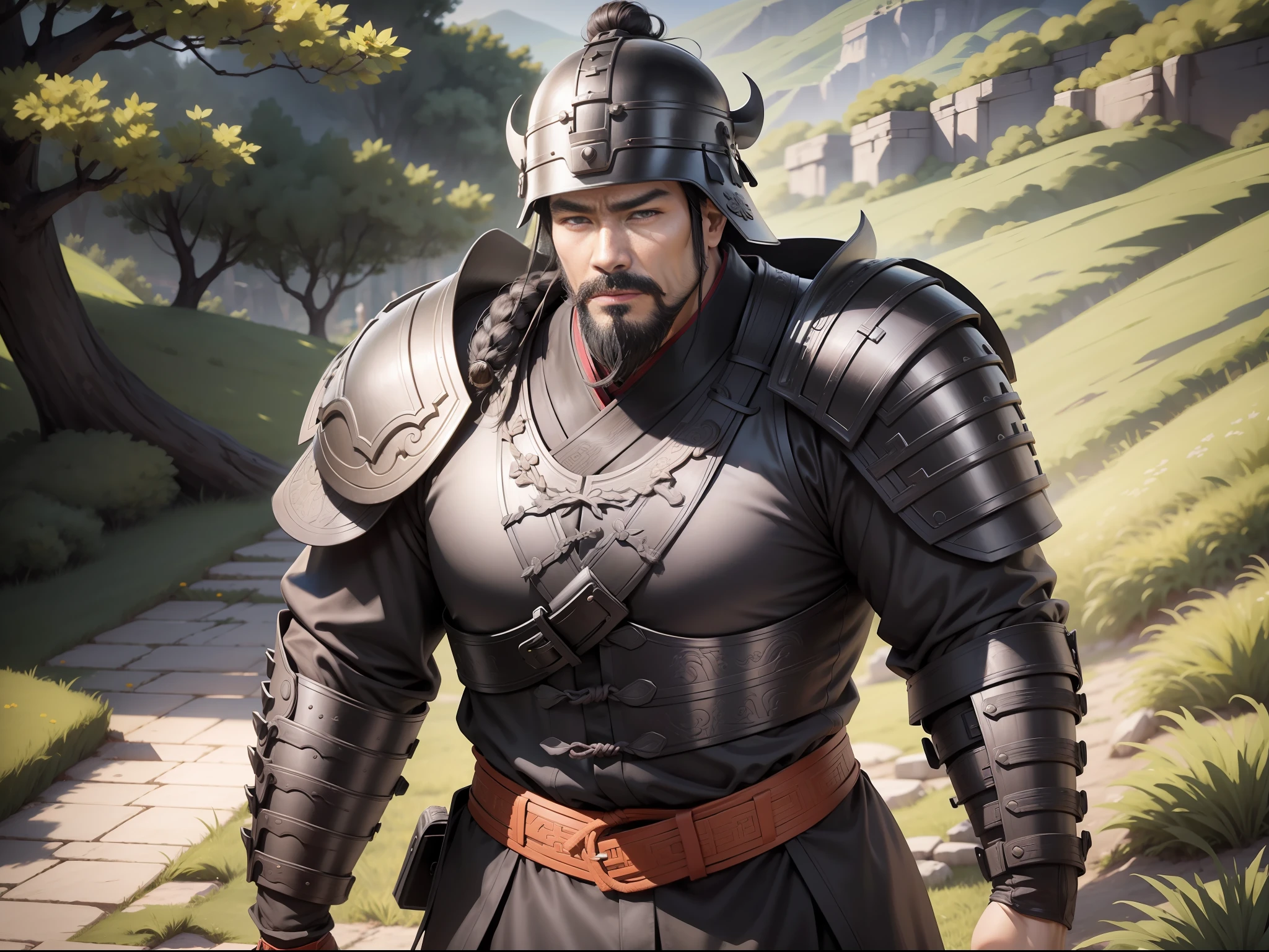 Ultra HD, ultimate masterpiece, high detail depiction, best picture quality, 8k, 2D anime style, Chinese Han Dynasty, a man, ancient Chinese general Dian Wei, mature man, 30 years old, super detailed face, round face, black eyes, big beard, resolute eyes, wearing a black helmet, wearing black armor, a yellow belt at the waist, height 2 meters, burly body, muscular, black leather boots, standing on the grass, summer, sunny, daytime, sunny, all over.