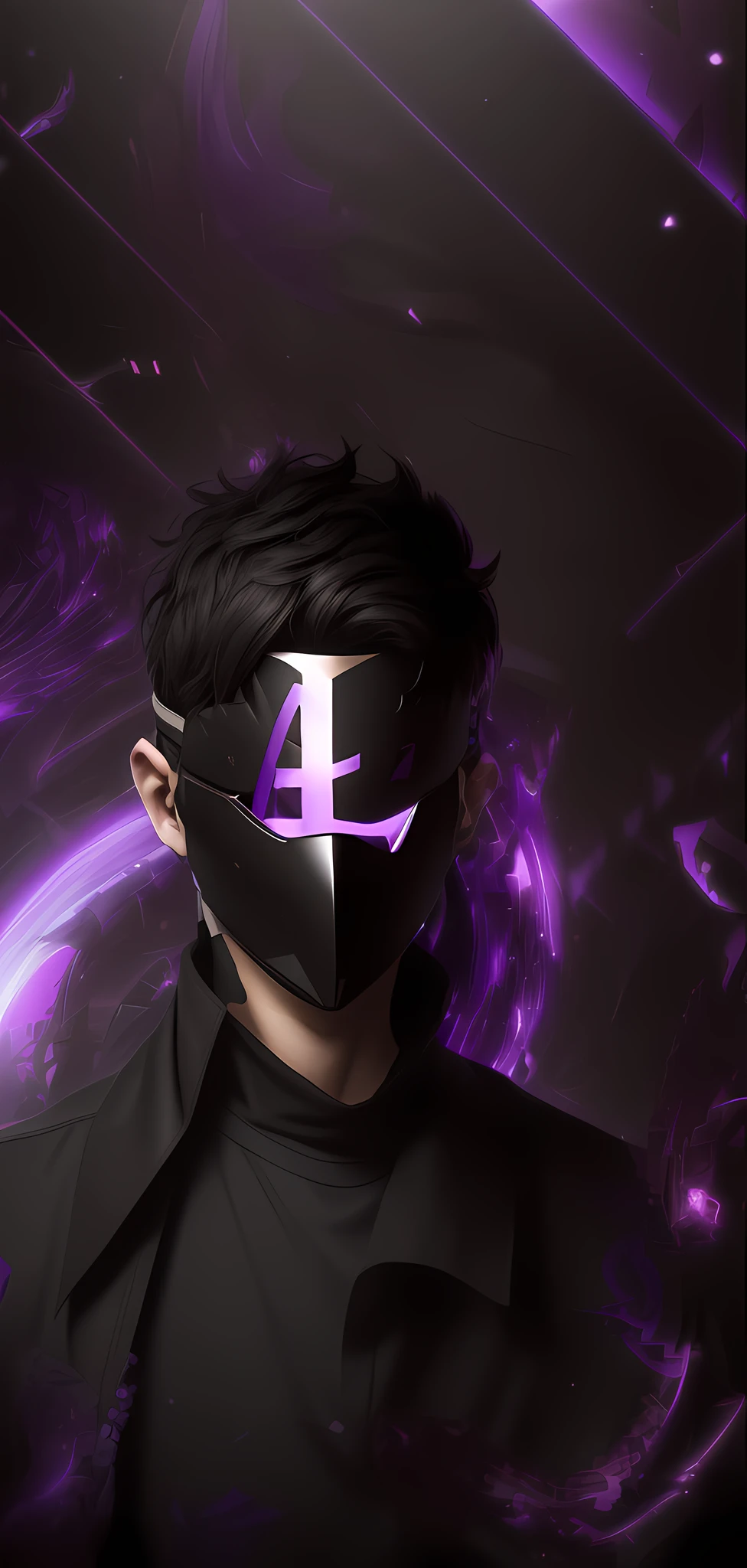 A young man with short black hair with a mask covering his entire face, on the mask there is a purple L, ( ( ( mask ) ), broken mask, vega mask, light face [[bronze]] [mask], unsharpened mask, unknown art style, anime style. 8k, broken visor, mask is broken, dark background, shadow world background, purple, purple L
