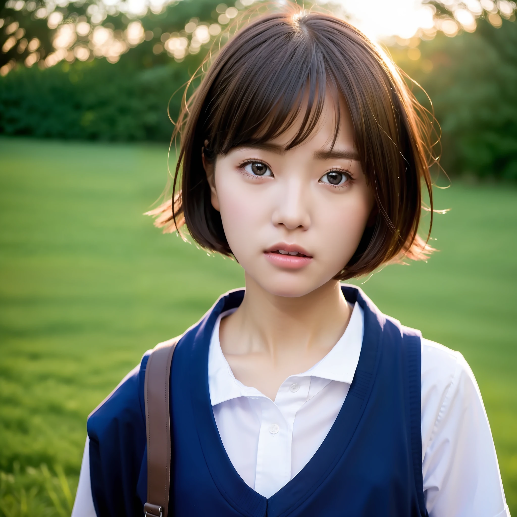 high school girl, short cut, looking at camera, strong expression, school summer clothes dressed, season is summer, school, dusk, youth, portrait alone