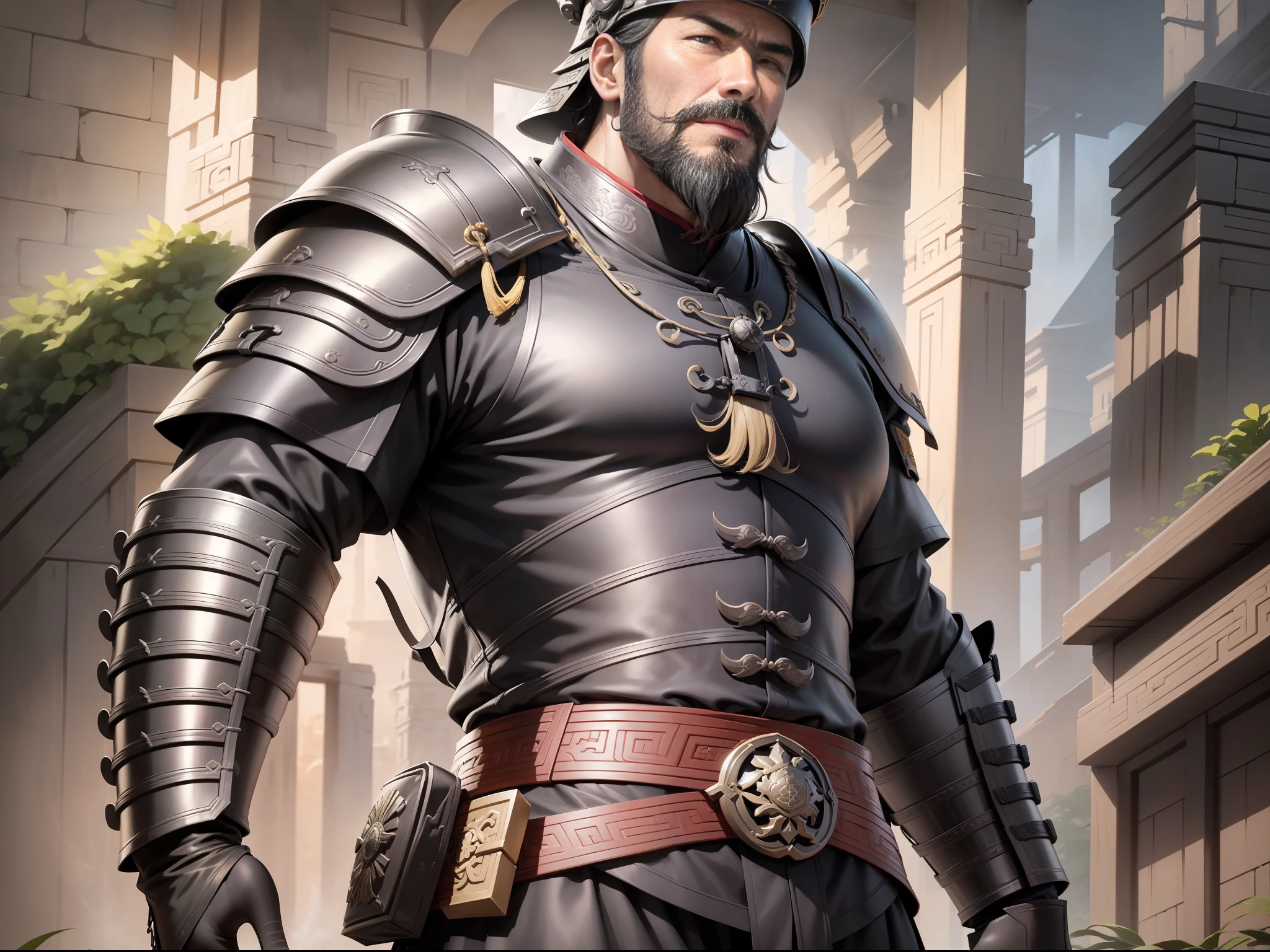 Ultra HD, ultimate masterpiece, high detail depiction, best picture quality, 8k, 2D anime style, Chinese Han Dynasty, a man, ancient Chinese general Dian Wei, mature man, 30 years old, super detailed face, round face, black eyes, big beard, resolute eyes, wearing a black helmet, wearing black armor, a yellow belt at the waist, height 2 meters, burly body, muscular, black leather boots, standing on the grass, summer, sunny, daytime, sunny, all over.