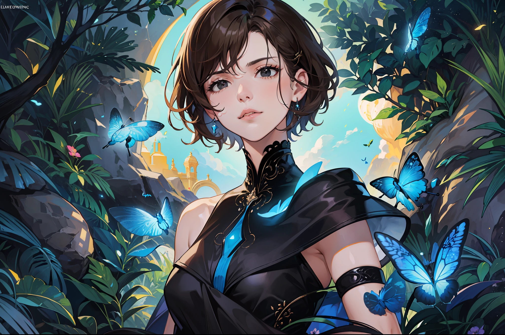 ((Superior quality, portraits, masterpieces, 8K: 1.3 wallpapers)), girl with short wavy brown hair (((SHORT HAIR))), obsidian-like black eyes (((BLACK EYES))), (((ANNOYING, SERIOUS LOOK))) sitting on a branch of a mueto tree, bioluminescent blue butterflies, dark hour, perfect shadows and reflections of the moon on the scene. black dress covered, dark clothes of MOURNING, CLOTHES COVERING THEIR SKIN, TUNIC.