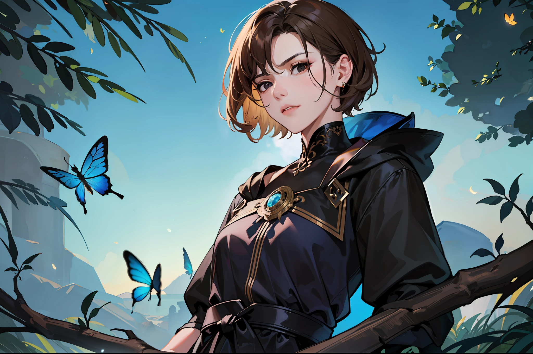 ((Superior quality, portraits, masterpieces, 8K: 1.3 wallpapers)), girl with short wavy brown hair (((SHORT HAIR))), obsidian-like black eyes (((BLACK EYES))), (((ANNOYING, SERIOUS LOOK))) sitting on a branch of a mueto tree, bioluminescent blue butterflies, dark hour, perfect shadows and reflections of the moon on the scene. black dress covered, dark clothes of MOURNING, CLOTHES COVERING THEIR SKIN, TUNIC.